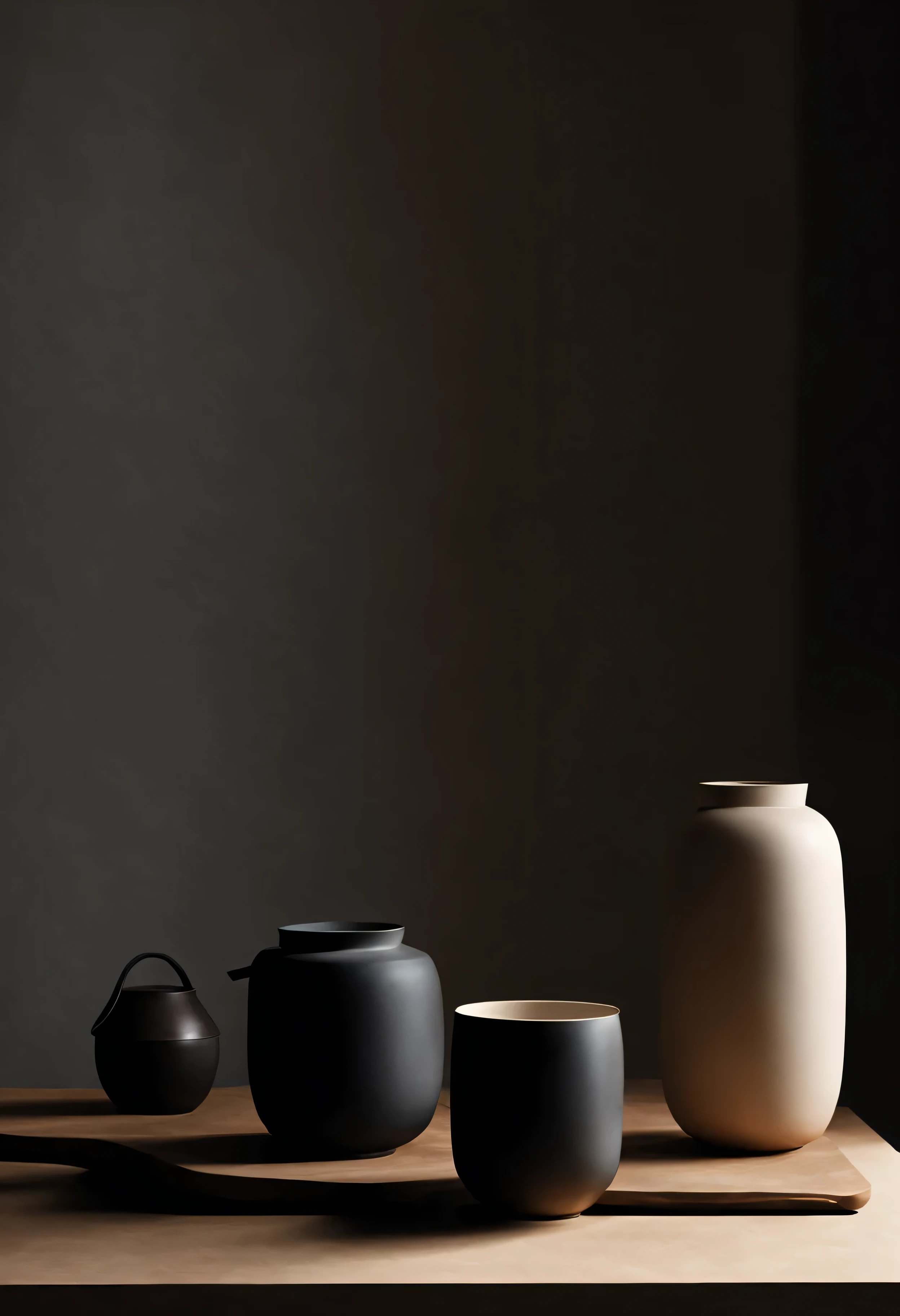 桌子上有一个茶Connor和一个碗, Roman Brooke&#39;still life painting, Trending on Polycount, Minimalism, large black Connor on hearth, Connor, Product renderings, 茶Connor, V-rays, V-rays, 茶Connor : 1, Product design renderings, Maximum 3 days + V-rays, Ultra-realistic vray rendering, Hyper-realistic rendering