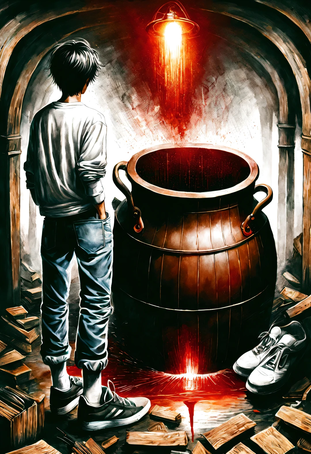 (Graphite painting), (A big old iron pot is boiling red water in the basement), There was a boy next to him, (There is a huge knife stuck in the broken iron pot: 1.2), (Boy stares at the big iron pot: 0.9), (Wearing a white crew neck shirt and jeans), sturdy curly shorts), decadent and lazy, (perfect face), sports shoes, (Industrial lights on the roof emit a dim, weak red light: 1.34),
background: many, many旧酒瓶和玻璃杯在地下室飞扬, The walls are tattered, industrial style, retro shabby,
90's anime style, Bold silhouettes, Graphic arts, line art, black and white, line art with pen pressure, Pen pressure sketch, Calligraphy pen with pen pressure, G pen style,With pen pressure, Hand drawn thick lines, high contrast, IG model,