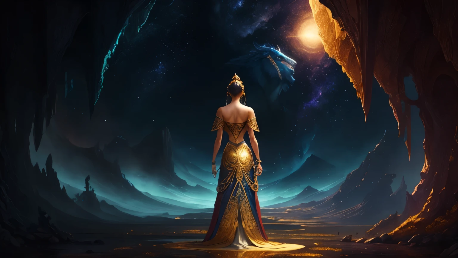 Generate an image featuring a woman with her back turned in a vast, mythological-inspired landscape, gazing towards a grand light in the sky. The scene should evoke a mythical ambiance, drawing inspiration from ancient tales and symbols. Integrate mythical creatures or symbolic motifs to enhance the fantastical atmosphere. Emphasize the grandeur of the open space and utilize a color palette reminiscent of mythical realms, with a focus on golden tones. While incorporating golden hues, feel free to explore additional colors that complement the overall mythical aesthetic
