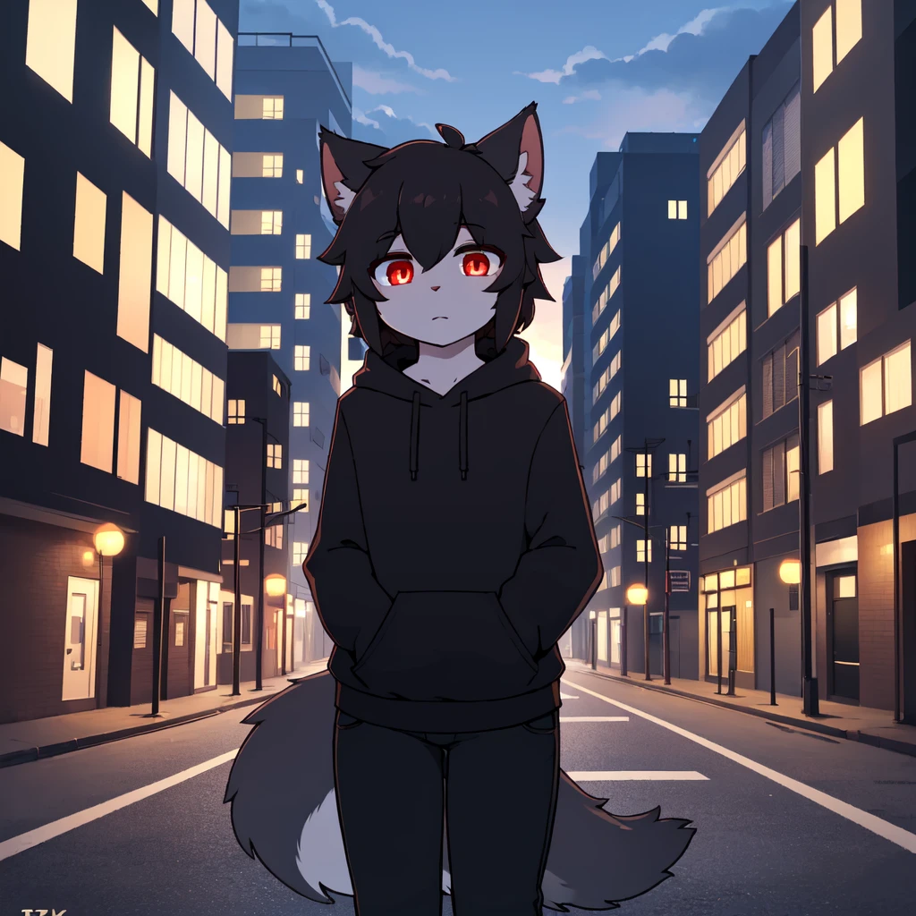 on a deserted street，city background，detailed background，meticulous details，best quality，Detailed light，4K,8K，solo，dusk，Cat，Delicate hair，red pupils，Black sweatshirt，big tail，Pocket，Black pants with blue pattern，The cloudy，Tyndall Light，dusk