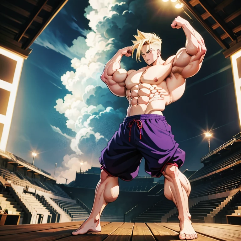 Anime-Stil , High quality full body image of Trunks as a bodybuilder, Er'Ich trage nur einen Tanga , ohne Schuhe, Feet, bare Feet, massive muscular body, huge muscular shoulders, Massive big biceps, Venen im Bizeps, Muskelbeine, massive muscular abs, Bizepsflex. posierend, Sie schwitzt, very muscular, The toned body shines in the spotlight, he is standing on a stage, much muscular sexy, Bodybuilding-Pose