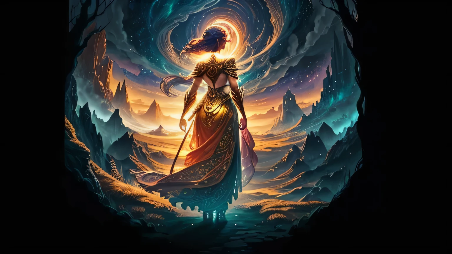 Gere uma imagem apresentando uma mulher de costas voltadas para um vasto, mythologically inspired landscape, looking at a big light in the sky. The scene should evoke a mythical environment, drawing inspiration from ancient tales and symbols. Integrate mythical creatures or symbolic motifs to enhance the fantastic atmosphere. Emphasize the grandeur of the open space and use a color palette reminiscent of mythical realms, com foco em tons dourados. Ao incorporar tons dourados, feel free to explore additional colors that complement the overall mythic aesthetic