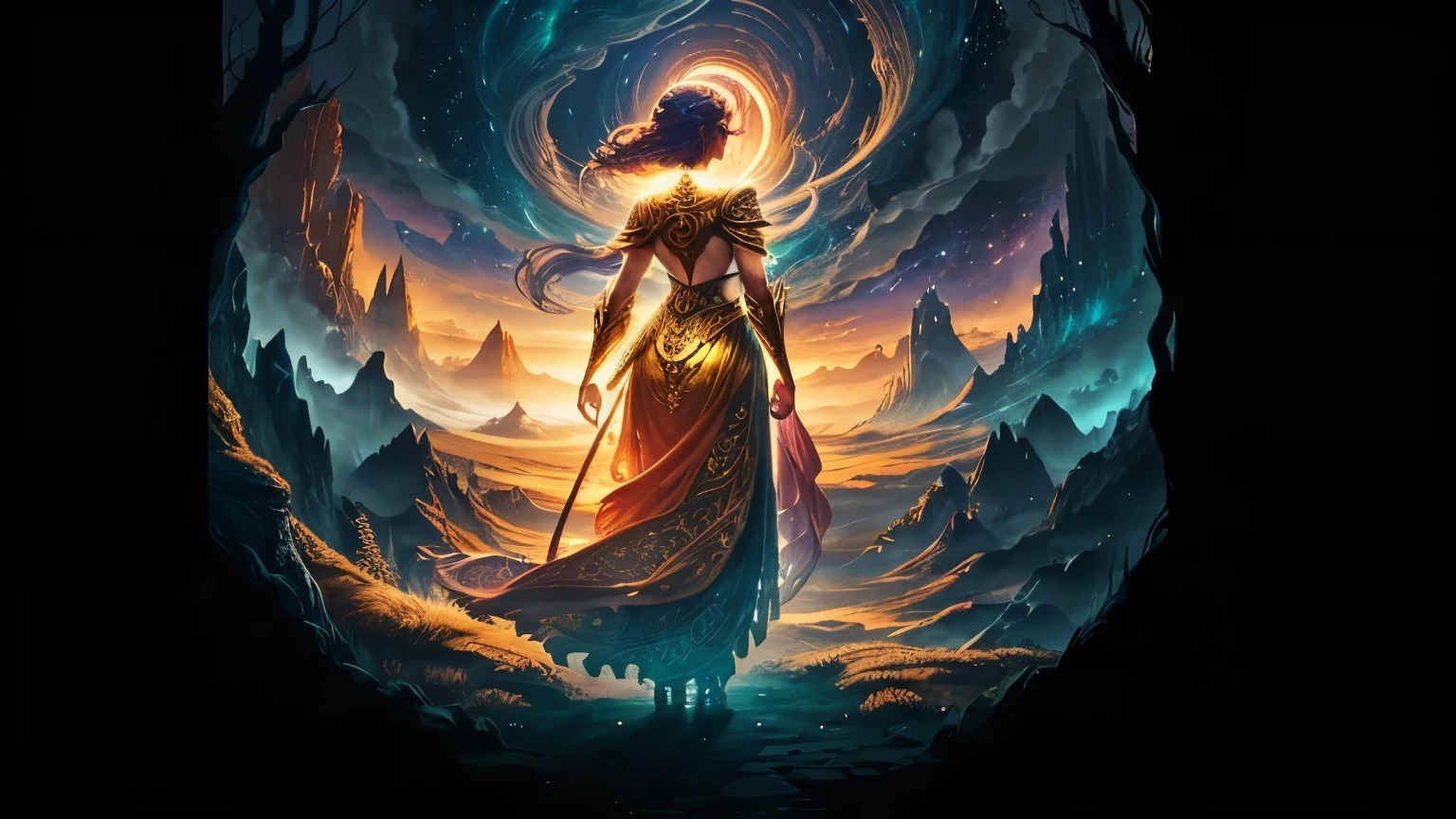 Generate an image featuring a woman with her back turned in a vast, mythological-inspired landscape, gazing towards a grand light in the sky. The scene should evoke a mythical ambiance, drawing inspiration from ancient tales and symbols. Integrate mythical creatures or symbolic motifs to enhance the fantastical atmosphere. Emphasize the grandeur of the open space and utilize a color palette reminiscent of mythical realms, with a focus on golden tones. While incorporating golden hues, feel free to explore additional colors that complement the overall mythical aesthetic