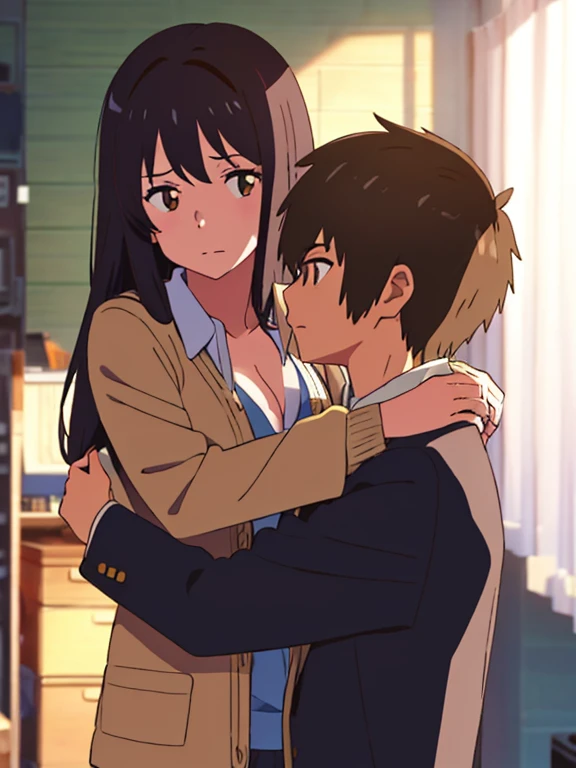 shinkai makoto, kimi no na wa., 1boy, buzzcut,office suit, boy caressing girl's body, sexual harassment, passionate hug, 1girl, bangs, black hair, brown eyes, Twisted Half Up, red ribbon, long hair, long sleeve light pink cardigan, open shirt, yellow shirt, cleavage, breast, medium breast, storage room, indoors, masterpiece, perfect anatomy, cowboyshot