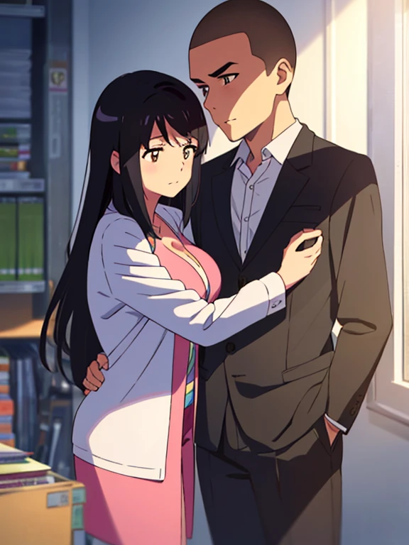 shinkai makoto, kimi no na wa., 1boy, buzzcut,office suit, boy caressing girl's body, sexual harassment, passionate hug, 1girl, bangs, black hair, brown eyes, Twisted Half Up, red ribbon, long hair, long sleeve light pink cardigan, open shirt, yellow shirt, cleavage, breast, medium breast, storage room, indoors, masterpiece, perfect anatomy, cowboyshot