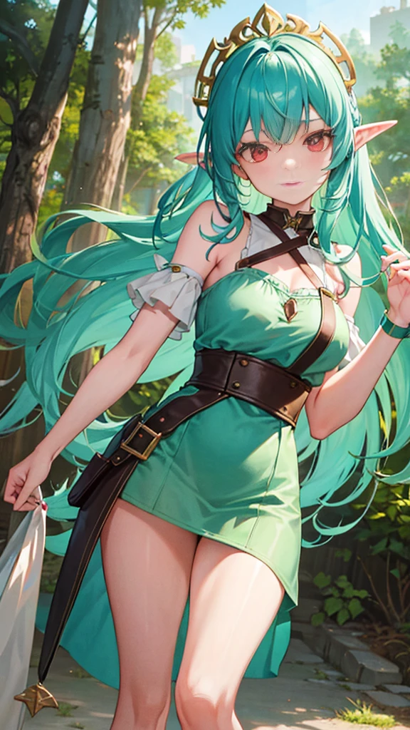 Carla is a young elf with blue-green hair and bright red eyes.. She has fair skin and a slim, athletic body. She wears light and comfortable clothes, geralmente feitas de couro ou seda.