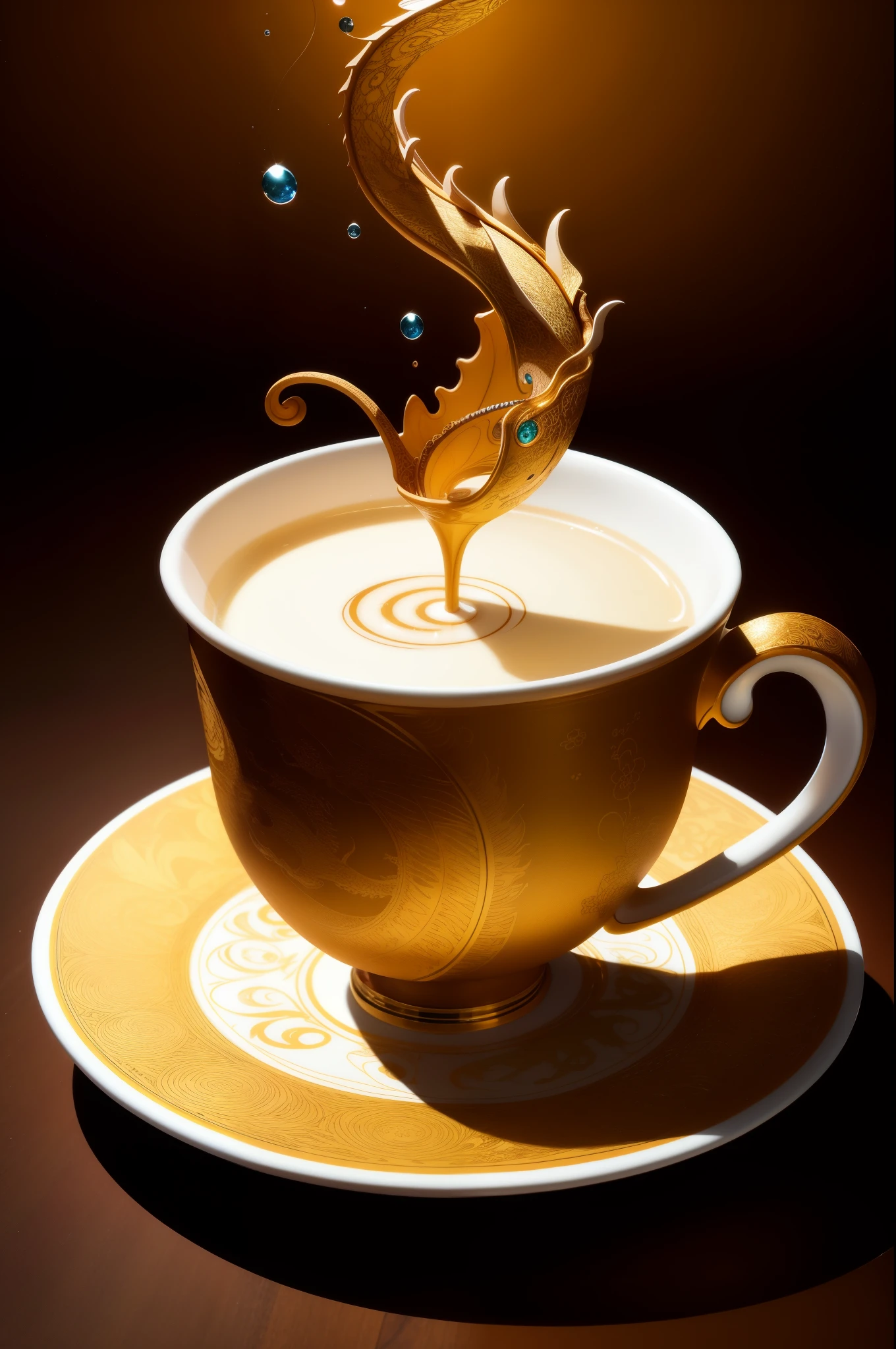 An intricately crafted arrangement of milk tea cups, forming the shape of a majestic dragon, adorned with intricate quilling paper details, adding a multi-dimensional depth and texture to this artistic presentation. The dragon's body flows through the cups, its wings spread wide, balancing on the table with a sense of grace and serenity. The cups, filled with rich, aromatic milk tea, add a touch of warmth and allure to this imaginative, high-definition creation. A must-see masterpiece of chibi art, showcasing top-quality, stunningly beautiful, and aesthetic details, making it a unique and official work of art, perfect for any tea lover or dragon enthusi