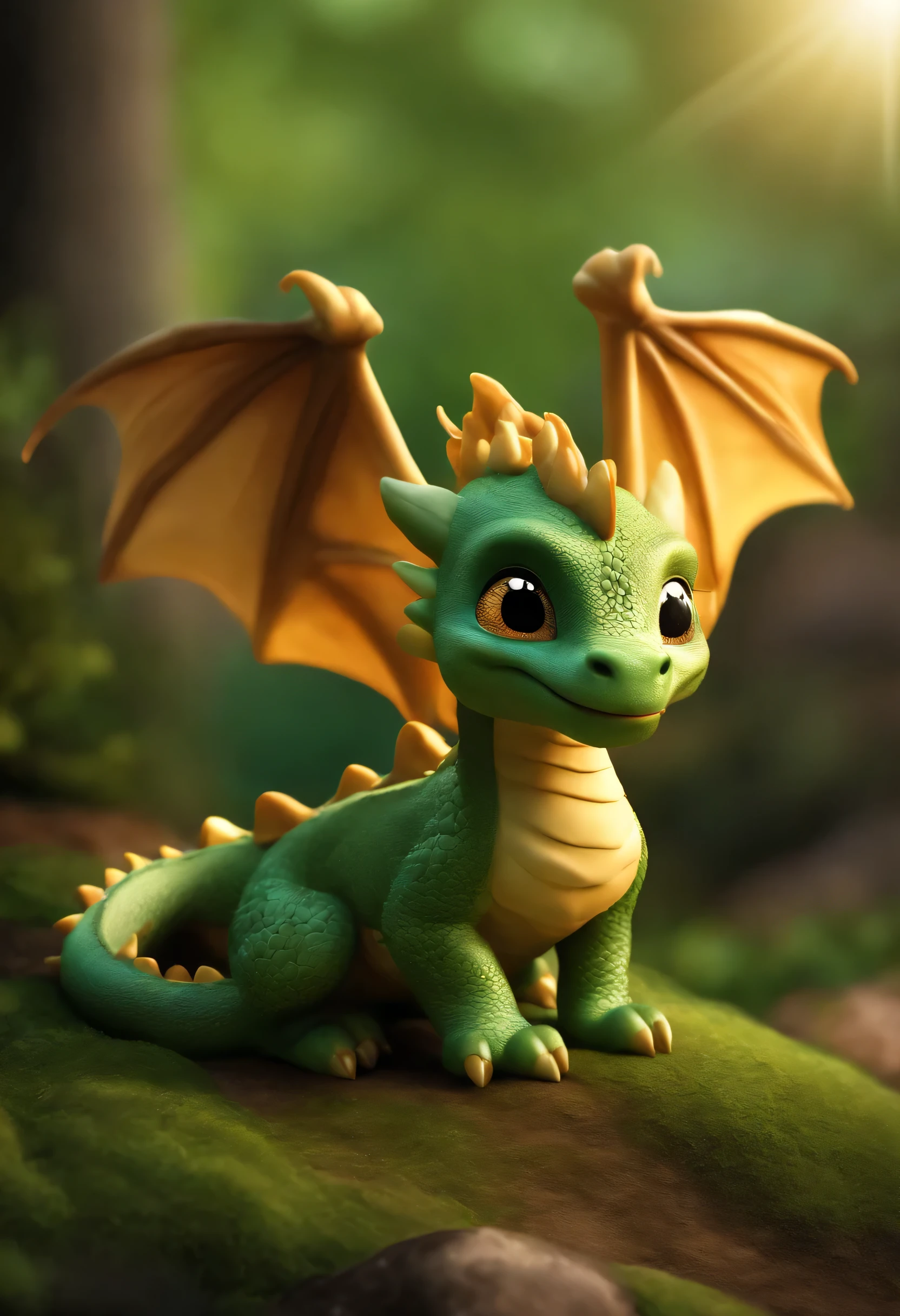 cute baby dragon, filhote feliz, olhar curioso, fantasia medieval, illustration of children's book, floresta, escalas verdes brilhantes, luz solar, sombras realistas, foto ultra realista, detalhes intrincados, high resolution, qualidade da foto, 8K resolution