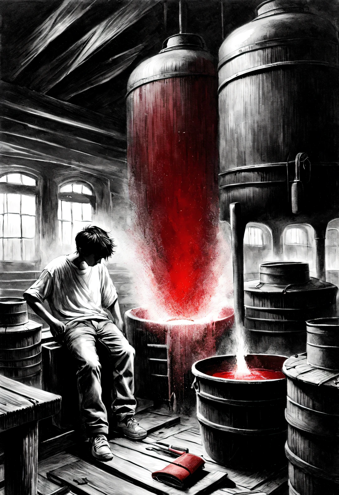 (Graphite painting), (A big old iron pot is boiling red water in the basement), There was a boy next to him, (There is a huge knife stuck in the broken iron pot: 1.2), (The boy stares at the cauldron: 0.9), (Wearing a white crew neck shirt and jeans), Rugged and curly short), decadent and lazy, (perfect face), sports shoes, (Industrial lights on the roof emit a dim, weak red light: 1.34),
background: many, many旧酒瓶和玻璃杯在地下室飞扬, The walls are tattered, industrial style, retro shabby,
90's anime style, Bold silhouettes, Graphic arts, line art, black and white, line art with pen pressure, Pen pressure sketch, Calligraphy pen with pen pressure, G pen style,With pen pressure, Hand drawn thick lines, high contrast, IG model,