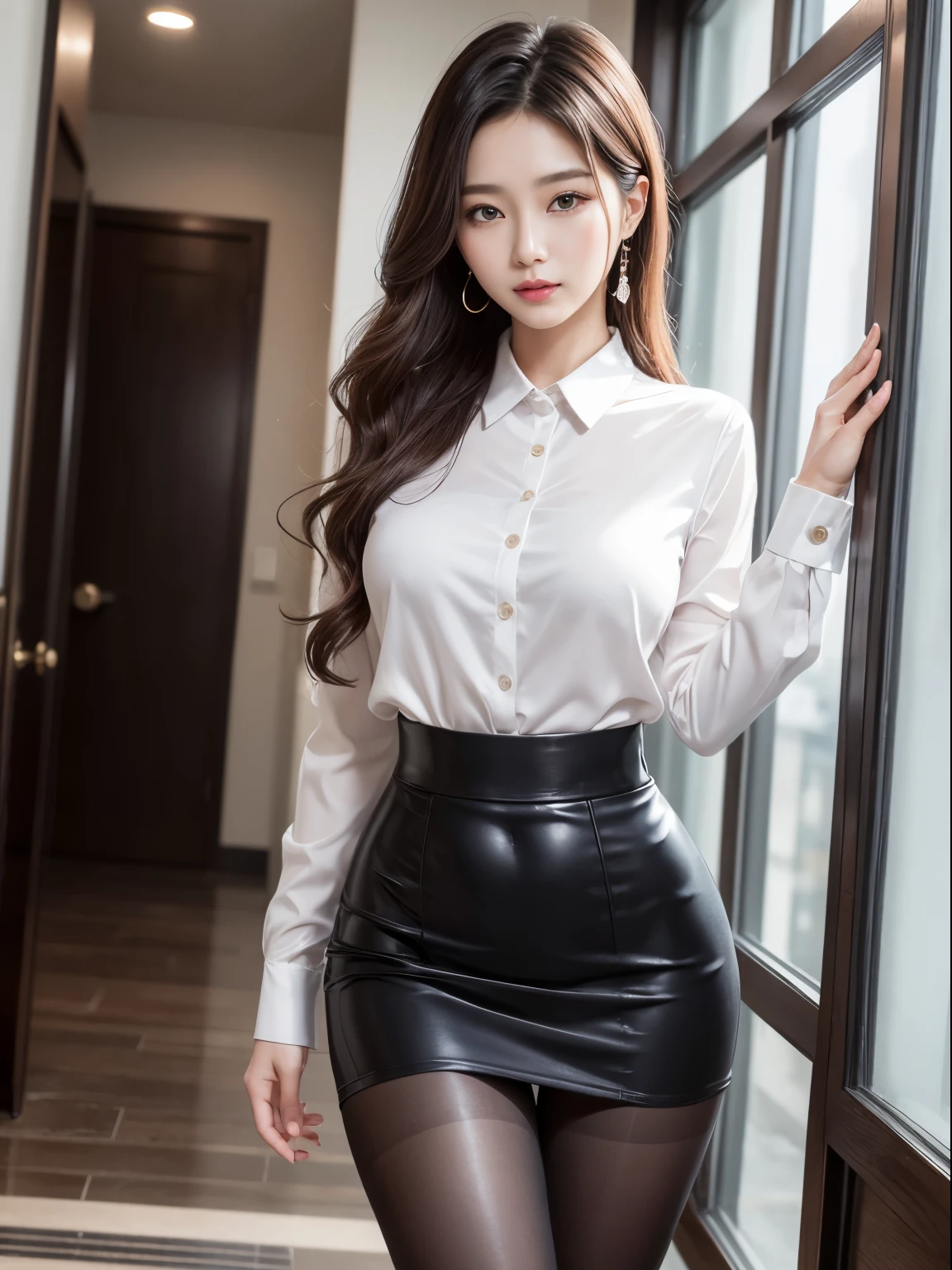 ultra - detailed、tmasterpiece、top-quality、超A high resolution、8K、high-level image quality、Live action、Photogenic clarity、A detailed eye、gradients、perfect anatomy body proportions ,hdd、NFFSW , Nikon Z9 80mm lens 、masutepiece、Beautiful female teacher, Skirts and thighs、20yr old、Take a walk along the hallway、office clothes, Wear a luxurious silk shirt, (Wear pantyhose,Realistic pantyhose)、(huge tit:1.0), long sexy legs, (thigh gap:1.5),Wide buttock,Wear pantyhose over panties、Panties are pink、Elegant slim beige blouse, Pretty Korean girl, Kpop idol,Business clothes, Business attire, wearing shirt, merchant, Silk, cream colored blouse, Wear an ultra-thin shirt, silky garment, wearing business casual dress, dressed in a suit, business outfit, formal outfit、super detailing, realistic skin textures, Detal Face, Beautiful detail eyes, Make up - up、Sparkling eyes、shiny lip、high-heels、Semi-body shot、