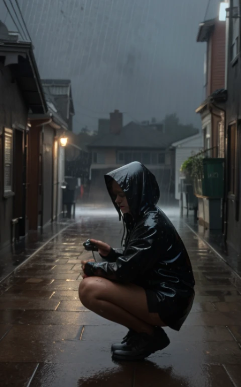 [nudity, explicit] nsfw (masterpiece:1.2, best quality), (real picture, intricate details), (night, dark, downpour:1.4)
There was no one in the alley, and the surroundings were silent, only the raindrops sprinkled on the tile eaves of the low houses near and far, making a slight rustling sound. In the cold rain, (1girl, wet hooded jacket,  sad, perfect eyes:1.2) squatting on the ground,