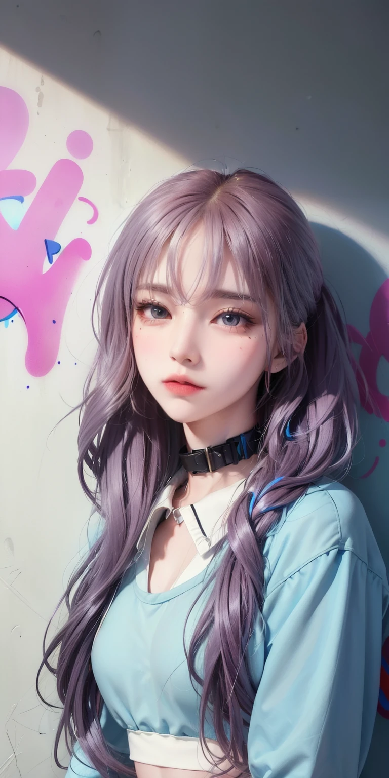 (highest quality), masterpiece, Highly detailed CG uniform 8k illustration, high collar, extremely high collar saturation, all colors deepened, paint, graffiti art, Center configuration, Highly detailed light and shadow, graffiti wall, wall painted bright, One girl graffiti One girl is looking at the wall, highly detailed face and eyes, medium length hair, sportswear, colored clouds
