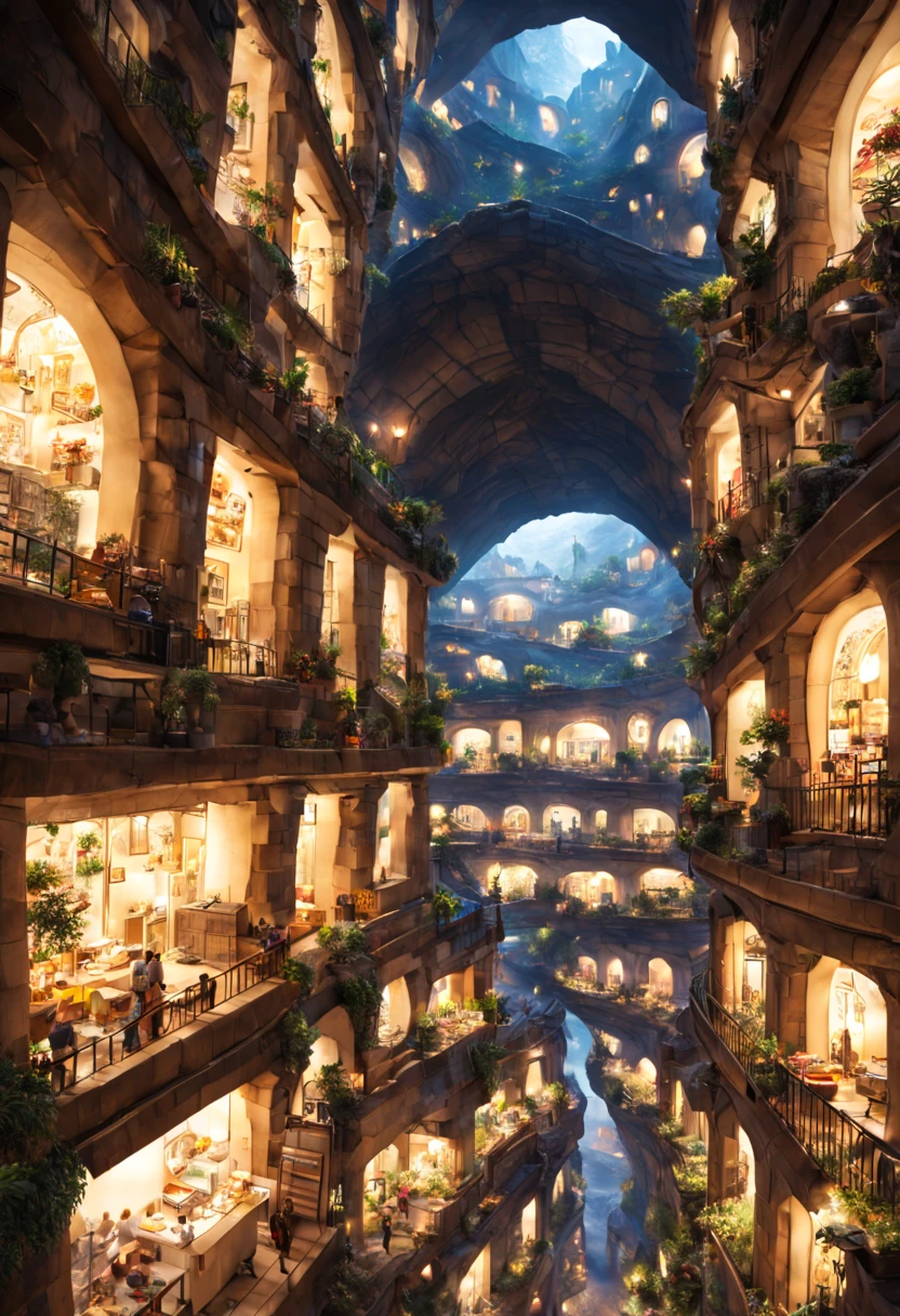 Underground cavern with a bustling miniature city inside with cozy lights and warm friendly feeling