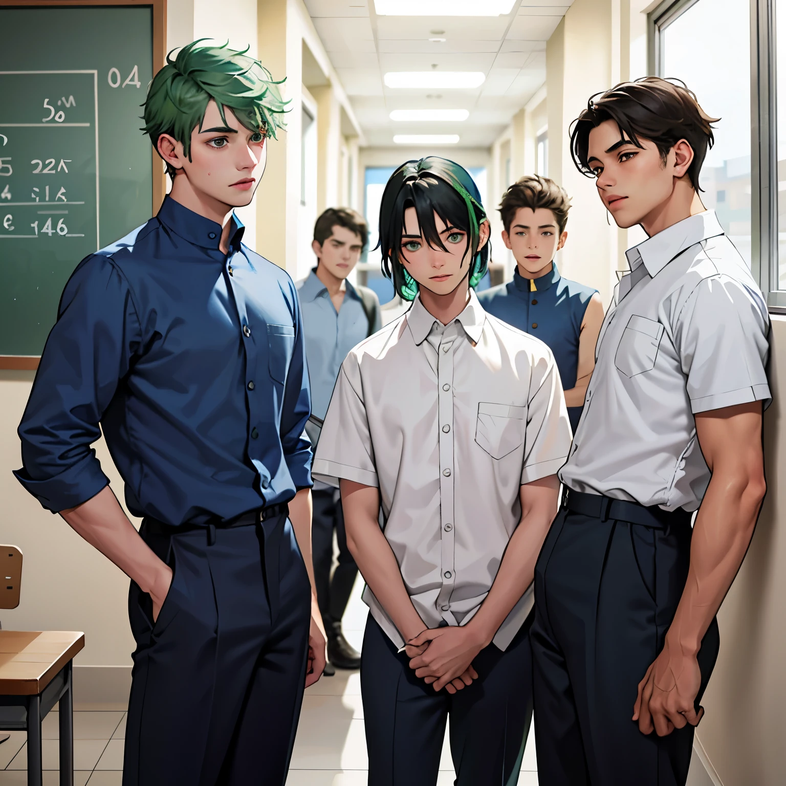 los 4 chicos guapos de la ecuela camisa azul y pantalon blanco, They are talking with concern about something important that will happen. They are anxious and worried. They are in the school classrooms. They are . They have green hair, green eyes.