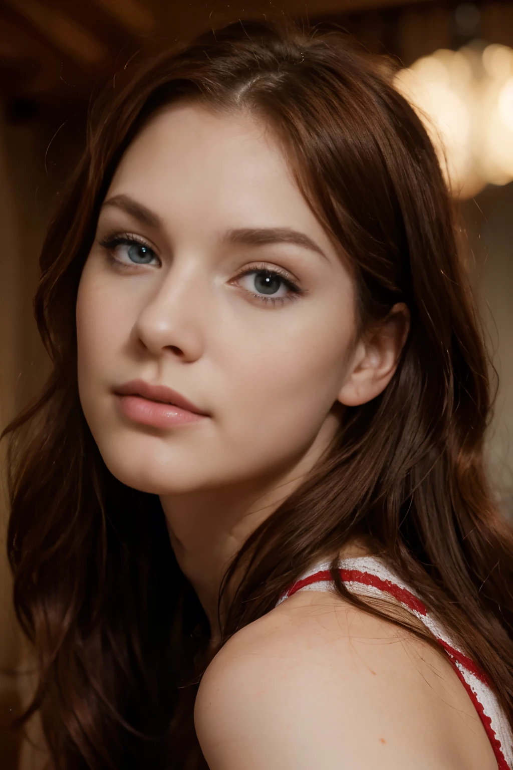 Ultra realistic facial features, 23 year old Swedish female, dyed red hair, medium length extremely curly layered hairstyle, bright blue eyes, high cheek bones, defined jawline, pale skin tone, brown bushy eye brows, long eyelashes, narrow nose, shot on a Canon EOS R6 Mark II camera, eye level shot, full body shot, laying on back looking up at camera