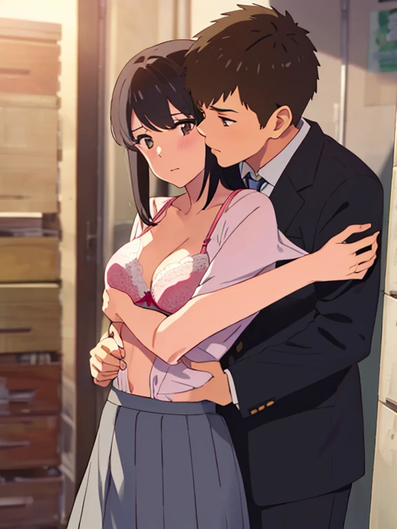 shinkai makoto, kimi no na wa., 1boy, buzzcut,office suit, boy caressing girl's body, kiss cheeks, passionate hug, boy is hugging from behind, breast groping from behind, 1girl, bangs, black hair, brown eyes, Twisted Half Up, red ribbon, long hair, yellow blouse, open shirt, unbuttoned shirt, pink bra, cleavage, breast, medium breast, long gray skirt, storage room, indoors, masterpiece, perfect anatomy, cowboyshot