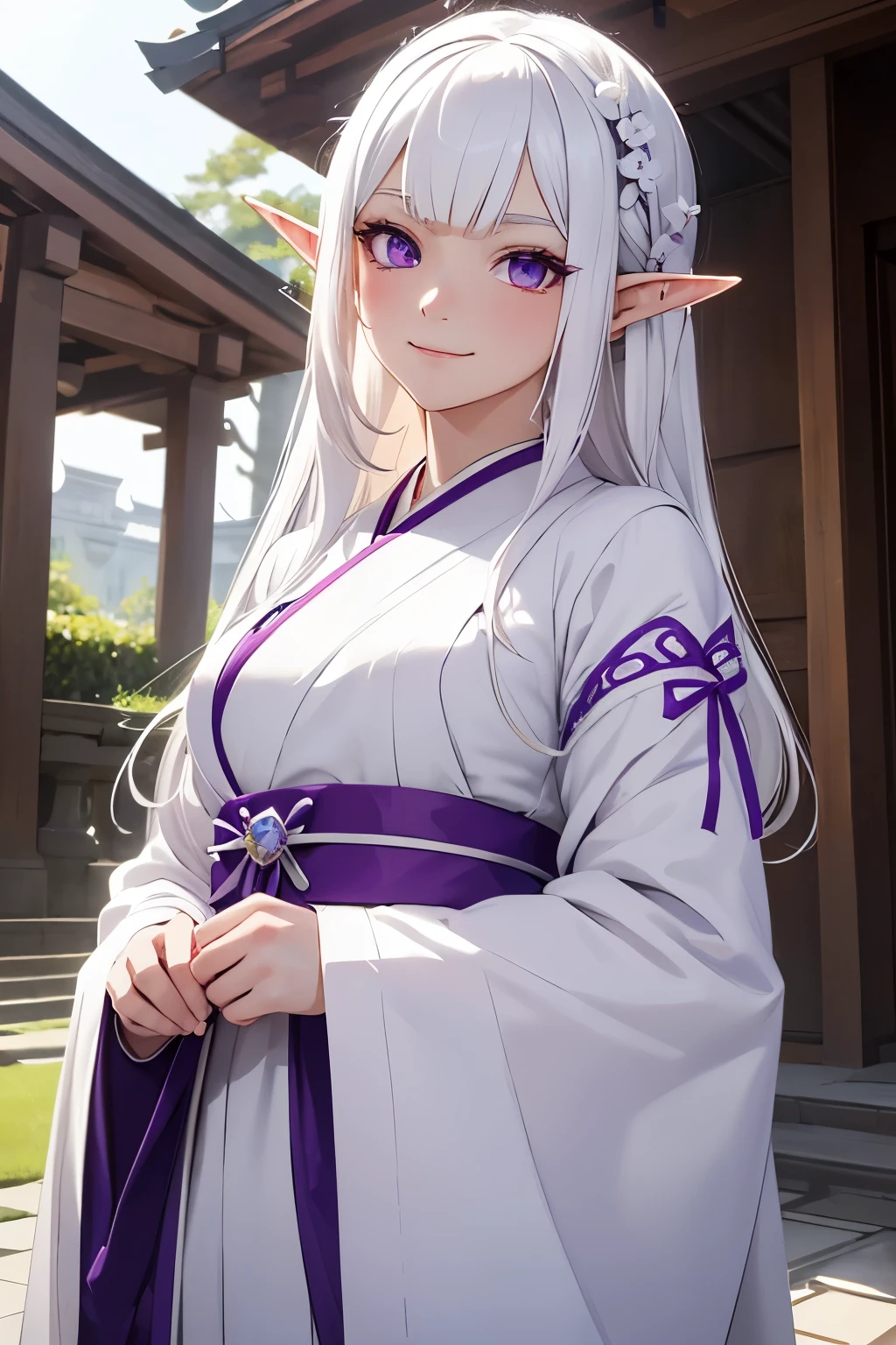 young elf girl, white hair, purple eyes, wearing a white and purple shrine maiden outfit, outside of a mansion, day, realistic lighting, masterpiece, high detail, detailed eyes, detailed face, smiling gently, genshin impact, looking into the distance 