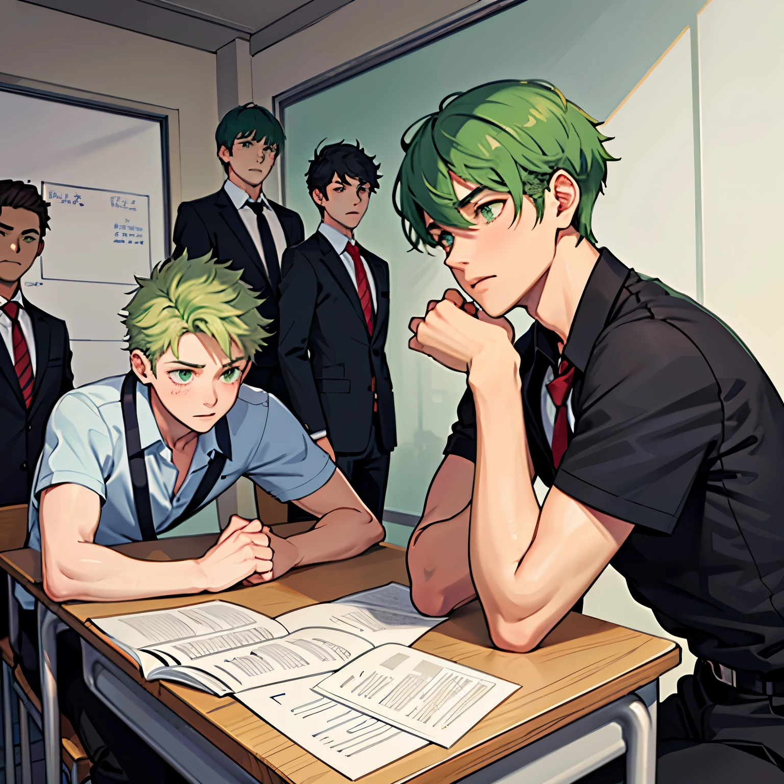 The 4 handsome boys at school are talking with concern about something important that will happen. They are anxious and worried. They are in the school classrooms. They are 14 and 15 years old. They have green hair, green eyes.