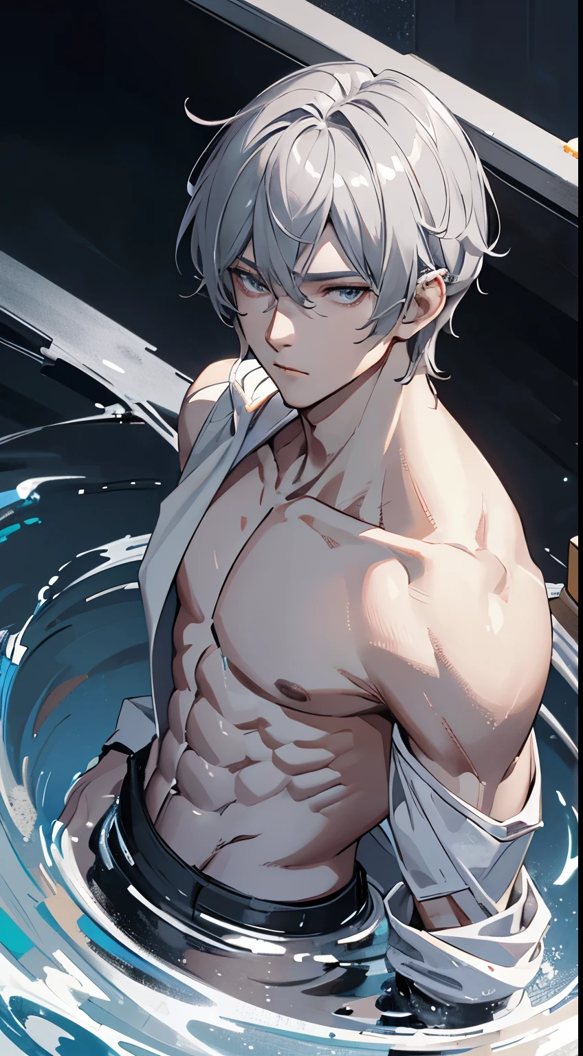 Man Messy white hair, stunning anime panoramic, looking to nothing, expressionless, BLUE high detailed thin eyes, grayard background, high detailed shadow , muscular 