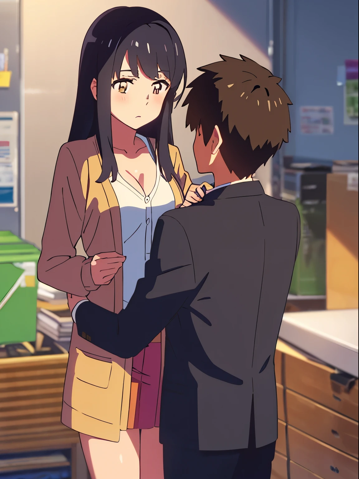 shinkai makoto, kimi no na wa., 1boy, buzzcut,office suit, boy caressing girl's body, sexual harassment, passionate hug, 1girl, bangs, black hair, brown eyes, Twisted Half Up, red ribbon, long hair, long sleeve light pink cardigan, open shirt, yellow shirt, cleavage, breast, medium breast, storage room, indoors, masterpiece, perfect anatomy, cowboyshot