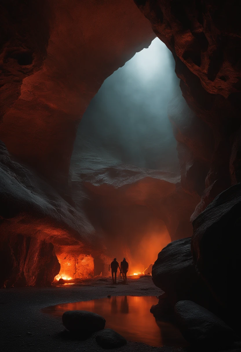 (best quality,4k,8k,highres,masterpiece:1.2),dramatic underground cavern with magma floor,ominous atmosphere,exotic environment,glowing red-hot molten lava,rocky walls and ceiling,thick columns of smoke rising,subterranean echoes,subdued lighting,immersive experience,sublime darkness,dimly lit tunnels,crackling firelight,sinister shadows,flickering light reflections,steamy air,subterranean adventure,thrilling exploration,hidden treasures,ancient ruins,hidden passages,crystal formations,volcanic activity,dangerous and volatile environment,magical underworld,otherworldly beauty,ethereal glow,subdued colors,dark hues,fiery undertones,creeping sense of danger,supernatural presence,cavernous depths,mysterious aura,treacherous terrain,fantastical creatures,breath-taking spectacle,unearthly wonder,awe-inspiring scenery,extreme details of cave textures,organic rock formations,otherworldly atmosphere,deep sense of mystery,theatrical lighting,hauntingly beautiful,unforgettable experience