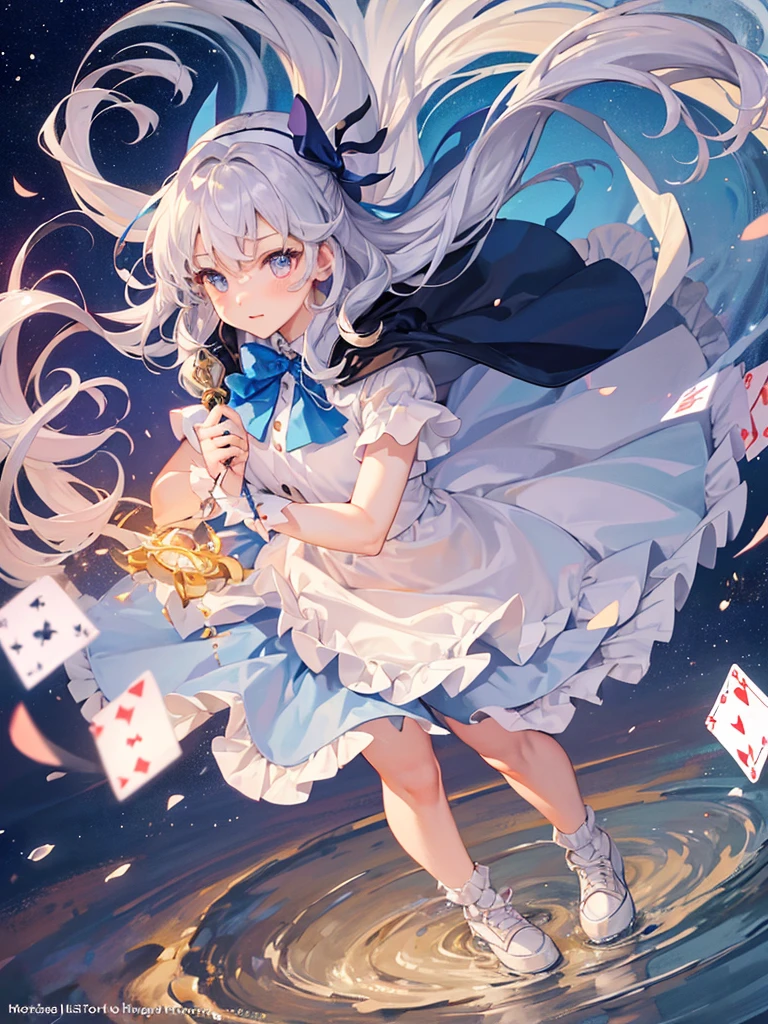 action pose, lean forward, {{squat}}, hand on ground, {{bend down}}, battle scene,
Photo Realistic, (masterpiece, best quality: 1.4), (8k, raw photo, photo realistic: 1.2), Not Safe for Work, Detailed Skin, Detailed Face,1Girl, Princess, Cute Face, Super Resolution, Retro Realistic Detailed Illustration,, {{delicate, intricately, fantastic, delicate, delicate, delicate, delicate, delicate, meticulous, minute, delicate, possessed, artisan's, subtle, virtuoso, skillful, vibrant, vivid, complex}}}, clearly FOCUS EDGE, FRESH NATURAL GRADATION, BEST QUALITY, AMAZING QUALITY, VERY AESTHETIC, ABSURDRES, PUBISURE, ((BLUE SCHOOL UNIFORM)), MINI FRILLED SKIRT, (FRILLED PANTS), HAPPY, (WHITE BERET) , Comes with a blue bow),
BREAK,
(huge lance in hand: 1.3),
BREAK,
medium bob, (silver hair), (wavy hair)), shimmering eyes, pink eyes, 12 yo, ((cape)), (Blue the Bow)), (Blue the Bow)), Puffy Sleeves, Bangss, Shortsleeves, ((Blue bow ribbon)), (White frilled apron), flat chest, beautiful hands, neck ribbon, wristband, arm garter, baby face, twinkle in the eye, braided bangs, ((frilled ankle socks)), (((high tops))), mary janes, ring, masterpiece, top- quality, not safe for work,
yumekawa, yumekawaii, pastel color, (wonderland: 1.3), imagination, (splashing)), (ripples)), splashing water, (water-color), ((multicolored lights)), (((trading card))),