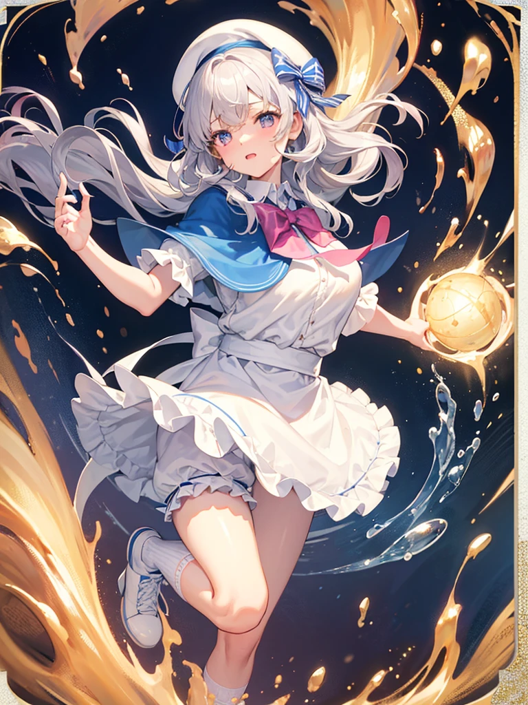 action pose, lean forward, {{squat}}, hand on ground, {{bend down}}, battle scene,
Photo Realistic, (masterpiece, best quality: 1.4), (8k, raw photo, photo realistic: 1.2), Not Safe for Work, Detailed Skin, Detailed Face,1Girl, Princess, Cute Face, Super Resolution, Retro Realistic Detailed Illustration,, {{delicate, intricately, fantastic, delicate, delicate, delicate, delicate, delicate, meticulous, minute, delicate, possessed, artisan's, subtle, virtuoso, skillful, vibrant, vivid, complex}}}, clearly FOCUS EDGE, FRESH NATURAL GRADATION, BEST QUALITY, AMAZING QUALITY, VERY AESTHETIC, ABSURDRES, PUBISURE, ((BLUE SCHOOL UNIFORM)), MINI FRILLED SKIRT, (FRILLED PANTS), HAPPY, (WHITE BERET) , Comes with a blue bow),
BREAK,
(huge lance in hand: 1.3),
BREAK,
medium bob, (silver hair), (wavy hair)), shimmering eyes, pink eyes, 12 yo, ((cape)), (Blue the Bow)), (Blue the Bow)), Puffy Sleeves, Bangss, Shortsleeves, ((Blue bow ribbon)), (White frilled apron), flat chest, beautiful hands, neck ribbon, wristband, arm garter, baby face, twinkle in the eye, braided bangs, ((frilled ankle socks)), (((high tops))), mary janes, ring, masterpiece, top- quality, not safe for work,
yumekawa, yumekawaii, pastel color, (wonderland: 1.3), imagination, (splashing)), (ripples)), splashing water, (water-color), ((multicolored lights)), (((trading card))),