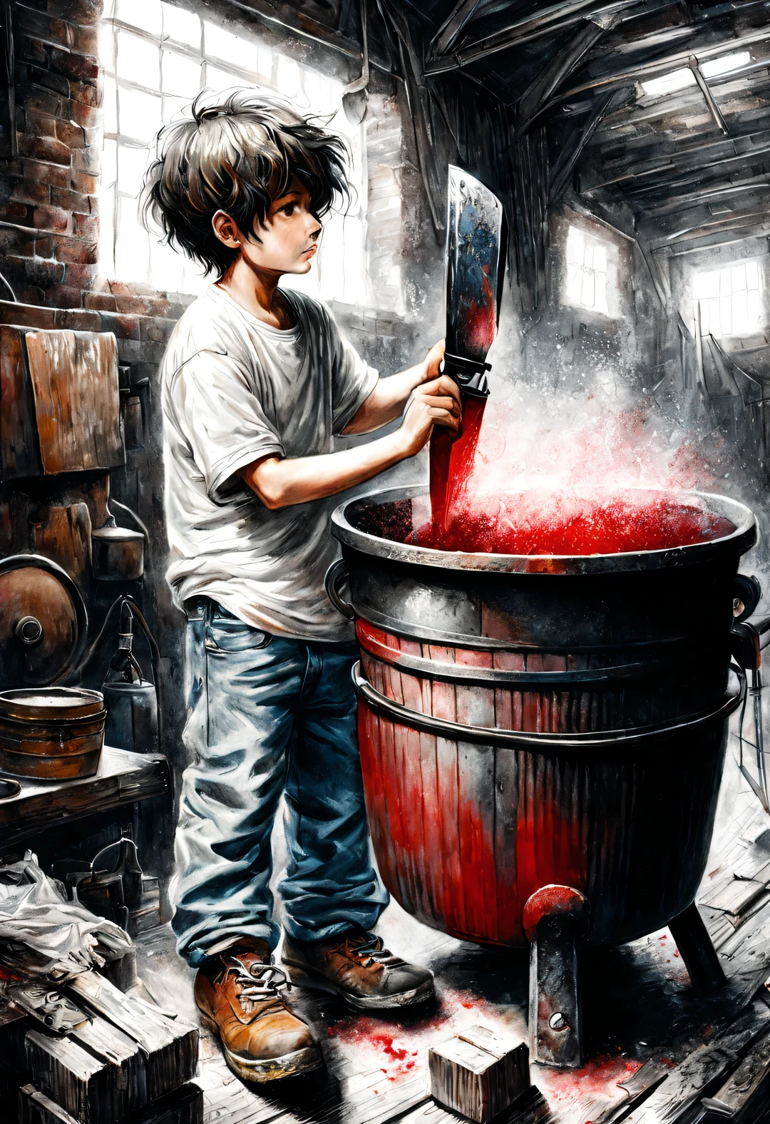 (Graphite painting), (A big old iron pot is boiling red water in the basement), There was a boy next to him, (There is a huge knife stuck in the broken iron pot: 1.2), (The boy stares at the cauldron: 0.9), (Wearing a white crew neck shirt and jeans), Rugged and curly short), decadent and lazy, (perfect face), sports shoes, (Industrial lights on the roof emit a dim, weak red light: 1.34), Chef's knife,
background: many, many旧酒瓶和玻璃杯在地下室飞扬, The walls are tattered, industrial style, retro shabby,
90's anime style, Bold silhouettes, Graphic arts, line art, black and white, line art with pen pressure, Pen pressure sketch, Calligraphy pen with pen pressure, G pen style,With pen pressure, Hand drawn thick lines, high contrast, IG model,