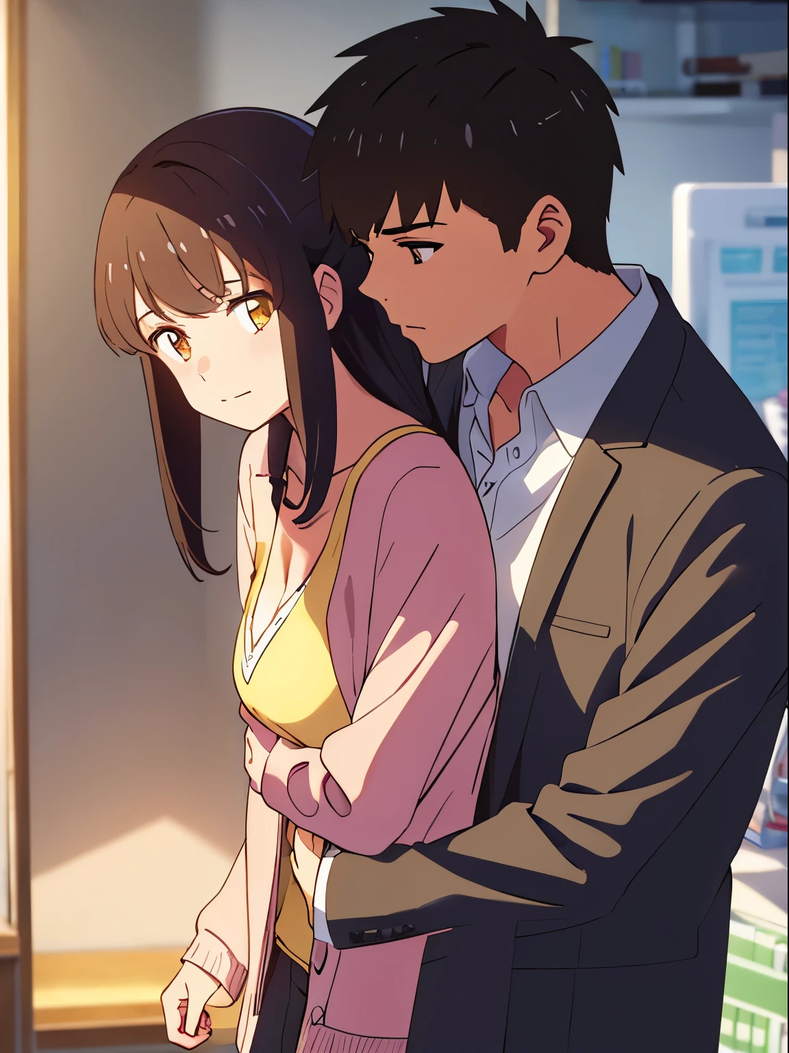 shinkai makoto, kimi no na wa., 1boy, buzzcut, iffice suit,boy touching girl chest,chestgrope from behind, kiss cheeks, passionate hug, boy is hugging from behind, 1girl, bangs, black hair, brown eyes, twisted half up, red ribbon, long hair, long sleeve light yellow cardigan, open shirt, white shirt, cleavage, breast, medium breast, blue pants, name tag written "LUMINE Miyamizu", looking at the viewer, indoors, jewelry shop, indoors, mallmasterpiece, perfect anatomy, cowboyshot,
