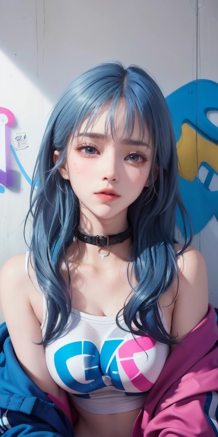 (highest quality), masterpiece, Highly detailed CG uniform 8k illustration, high collar, extremely high collar saturation, all colors deepened, paint, graffiti art, Center configuration, Highly detailed light and shadow, graffiti wall, wall painted bright, One girl graffiti One girl is looking at the wall, highly detailed face and eyes, medium length hair, sportswear, colored clouds