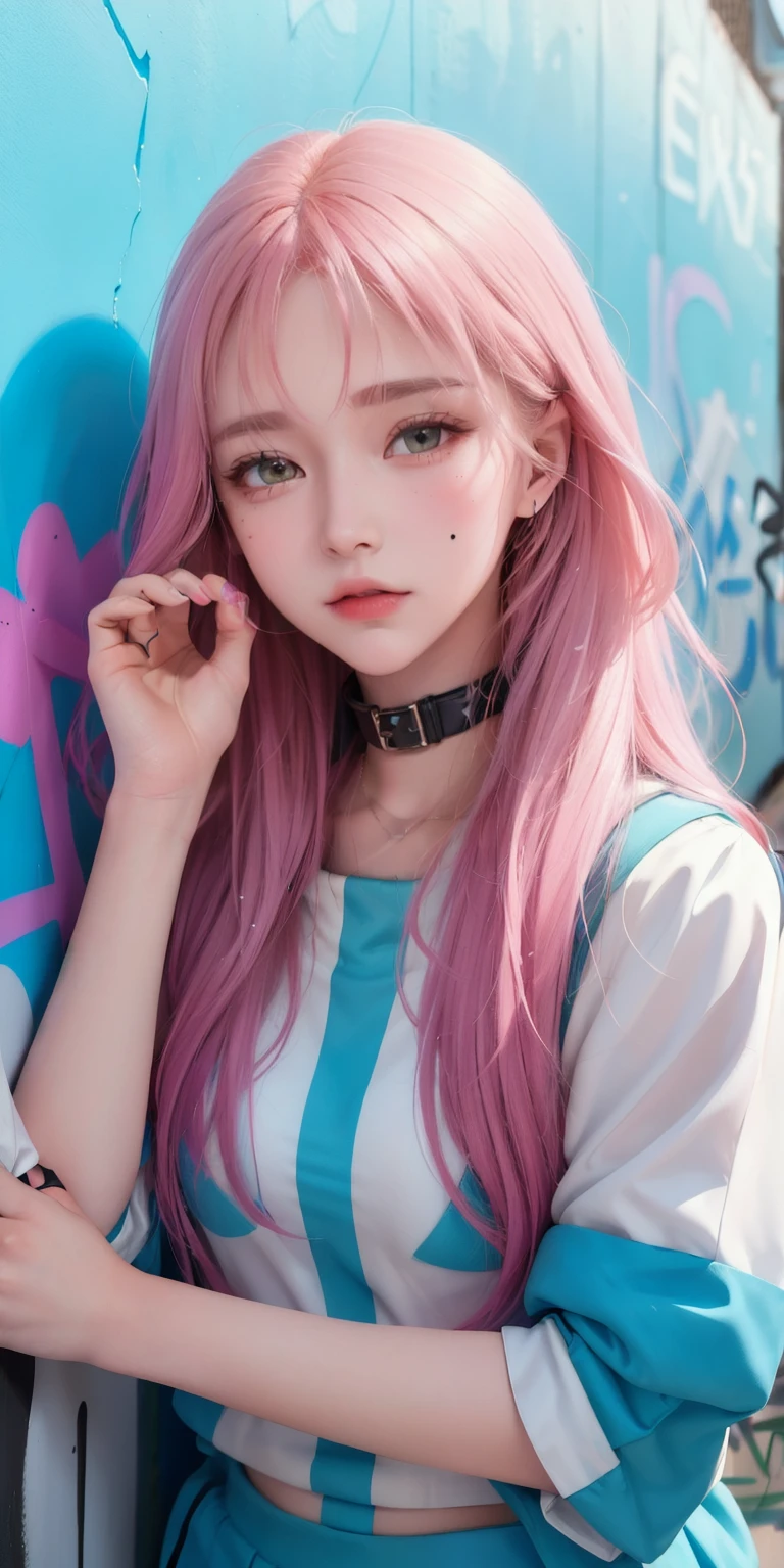(highest quality), masterpiece, Highly detailed CG uniform 8k illustration, high collar, extremely high collar saturation, all colors deepened, paint, graffiti art, Center configuration, Highly detailed light and shadow, graffiti wall, wall painted bright, One girl graffiti One girl is looking at the wall, highly detailed face and eyes, medium length hair, sportswear, colored clouds