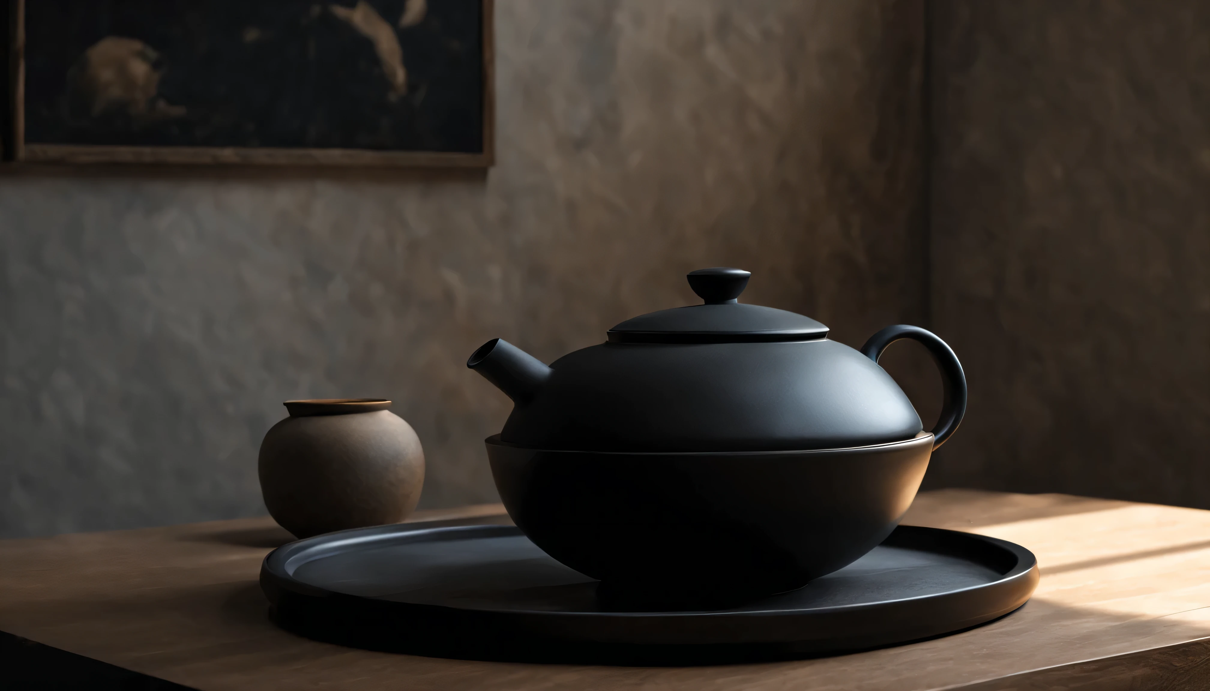 桌子上有一个茶Connor和一个碗, Roman Brooke'still life painting, Trending on Polycount, Minimalism, large black Connor on hearth, Connor, Product renderings, 茶Connor, V-rays, V-rays, 茶Connor : 1, Product design renderings, Maximum 3 days + V-rays, Ultra-realistic vray rendering, Hyper-realistic rendering.Soft light and shadow.high quality. High style.Zen style(best quality)(intricate details)(leave a big blank)Minimalism, romanticism lain, chiaroscuro, Outer border, ultra high definition, masterpiece, anatomically correct, Super details, best quality.nice photos