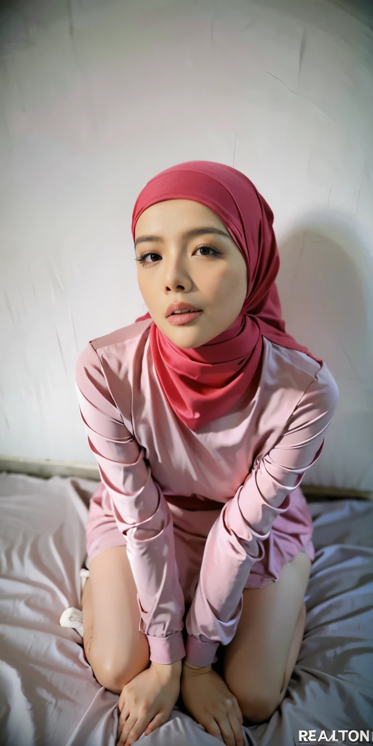 1 matured malay girl in hijab wear sexy wet pinky lace bra and panties kneeling, on the bed, nighttime, full body, close-up, seducing, big sagging breast, cum on face, on the bed, (8k, RAW photo, best quality, masterpiece:1.2),(realistic, photo-realistic:1.37),