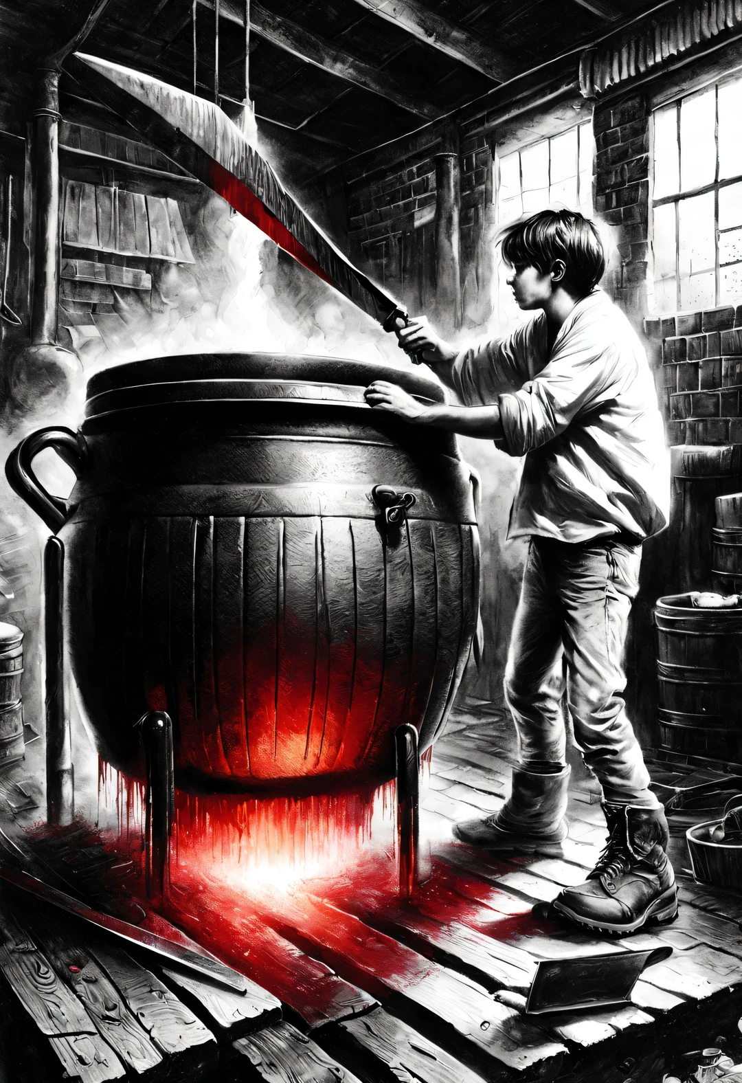 (Graphite painting), (A big old iron pot is boiling red water in the basement), There was a boy next to him, (There is a huge knife stuck in the broken iron pot: 1.37), (Boy stares at the cauldron: 0.9), (Wearing a white crew neck shirt and jeans), Hard, curly and short), decadent and lazy, (perfect face), sports shoes, (Industrial lights on the roof emit a dim, weak red light: 1.0), Extra Large Chef's Knife,
background: many, many旧酒瓶和玻璃杯在地下室飞扬, The walls are tattered, industrial style, retro shabby,
90's anime style, Bold silhouettes, Graphic arts, line art, black and white, line art with pen pressure, Pen pressure sketch, Calligraphy pen with pen pressure, G pen style,With pen pressure, Hand drawn thick lines, high contrast, IG model,
