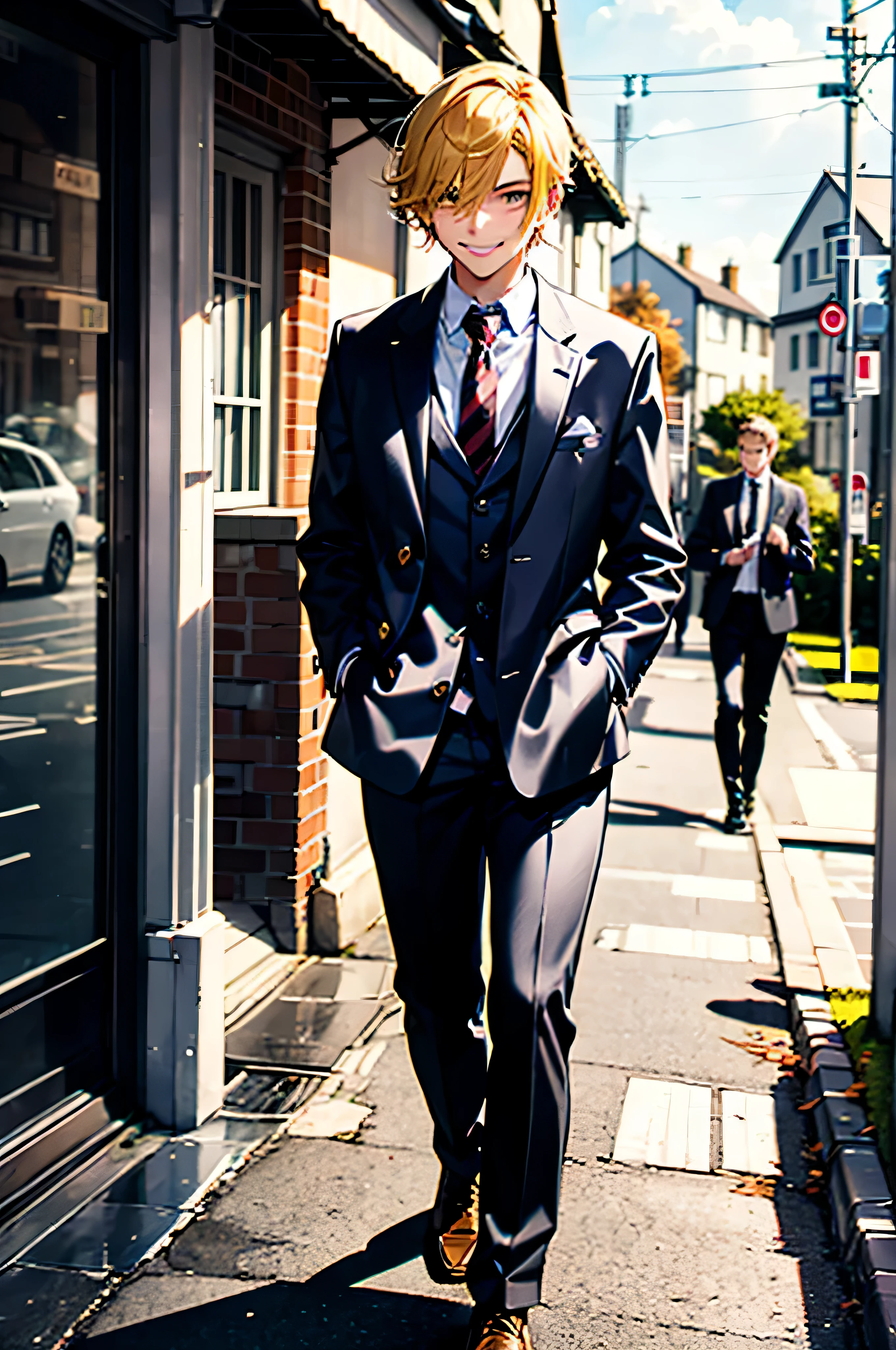 rich and spoiled blonde teen male with a smug smile walks to school in England, blonde hair, ((emo hair)), black earing, with formal English school uniform, overcast weather, autumn