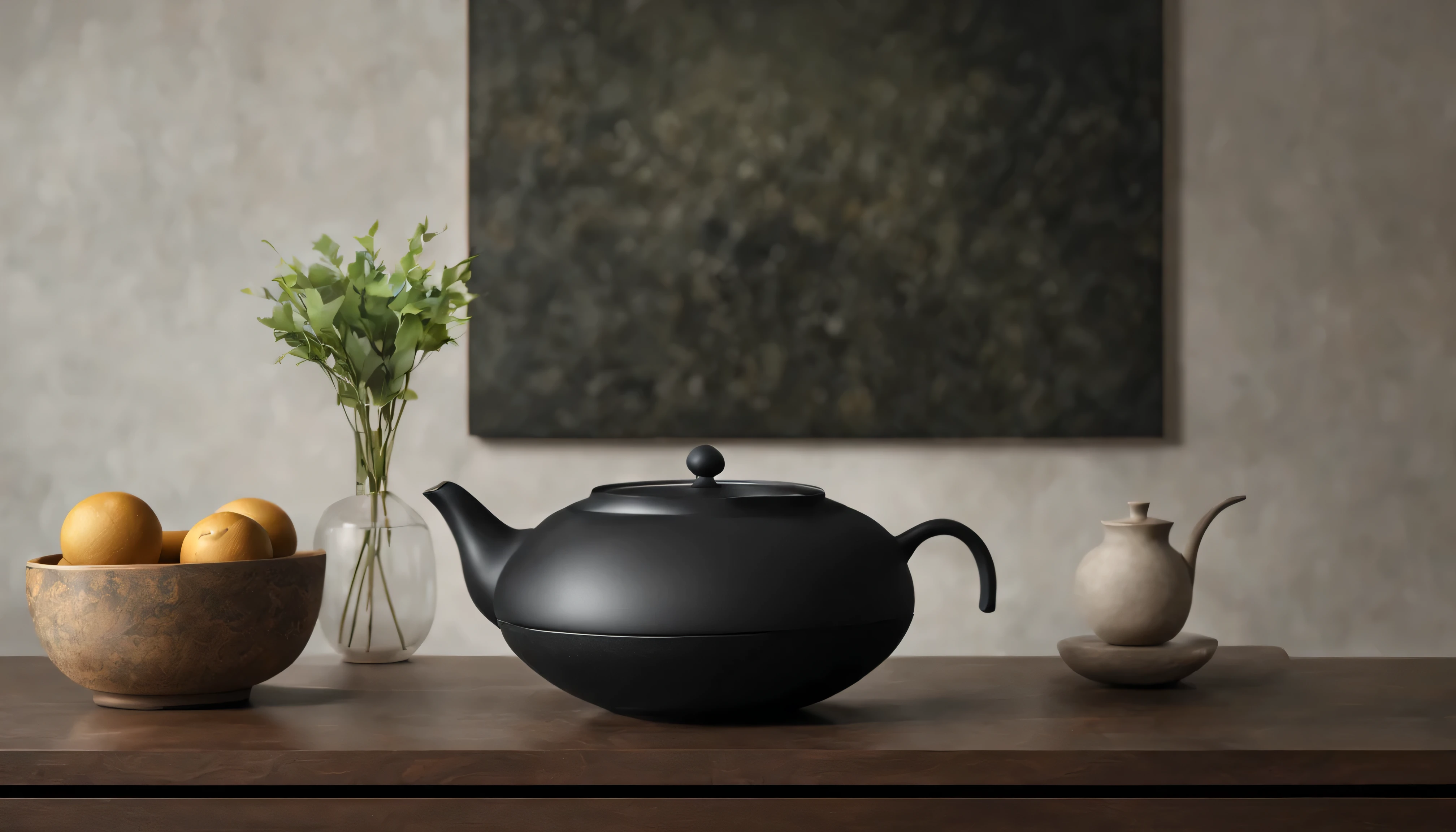 桌子上有一个茶Connor和一个碗, Roman Brooke'still life painting, Trending on Polycount, Minimalism, large black Connor on hearth, Connor, Product renderings, 茶Connor, V-rays, V-rays, 茶Connor : 1, Product design renderings, Maximum 3 days + V-rays, Ultra-realistic vray rendering, Hyper-realistic rendering.Soft light and shadow.high quality. High style.Zen style(best quality)(intricate details)(leave a big blank)Minimalism, romanticism lain, chiaroscuro, Outer border, ultra high definition, masterpiece, anatomically correct, Super details, best quality.nice photos(best quality, 4K, high resolution, masterpiece:1.2), super detailed,