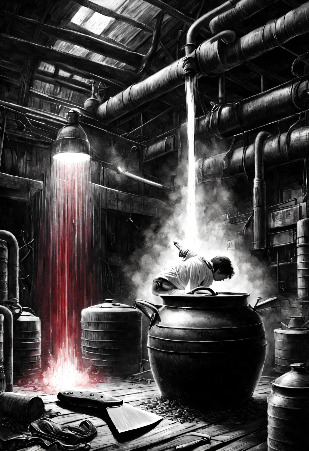(Graphite painting), (A big old iron pot is boiling red water in the basement), There was a boy next to him, (There is a huge knife stuck in the broken iron pot: 1.37), (Boy stares at the cauldron: 0.9), (Wearing a white crew neck shirt and jeans), Hard, curly and short), decadent and lazy, (perfect face), sports shoes, (Industrial lights on the roof emit a dim, weak red light: 1.0), Extra Large Chef's Knife,
background: many, many旧酒瓶和玻璃杯在地下室飞扬, The walls are tattered, industrial style, retro shabby,
90's anime style, Bold silhouettes, Graphic arts, line art, black and white, line art with pen pressure, Pen pressure sketch, Calligraphy pen with pen pressure, G pen style,With pen pressure, Hand drawn thick lines, high contrast, IG model,