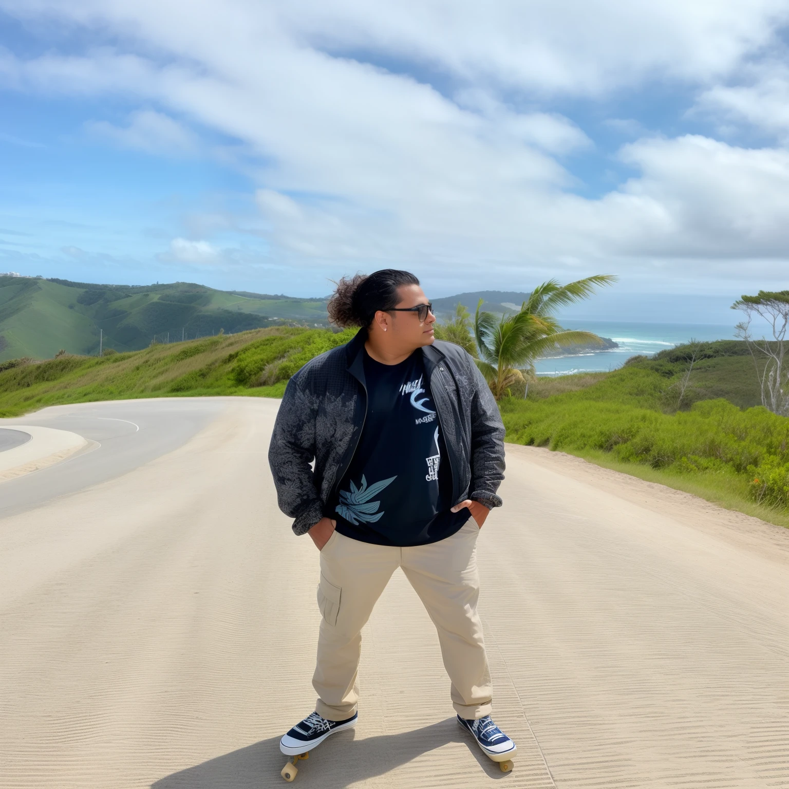 there is a man standing on a road with a skateboard, the ocean in the background, ocean in the background, overlooking the ocean, inspired by Byron Galvez, standing beside the ocean, in a scenic background, paradise in the background, on the coast, standing near the beach, looking at the ocean, with mountains in the background, standing on a hill, vacation photo