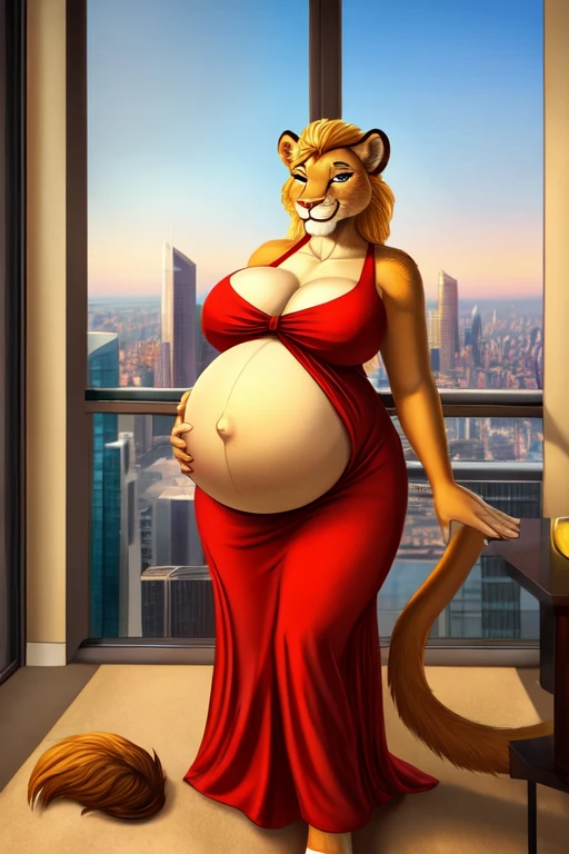 Anthropomorphic lioness,pregnant,wide hips,big belly,big breasts,golden fur,nice dress,penthouse suite,paws on belly,smiling,city view