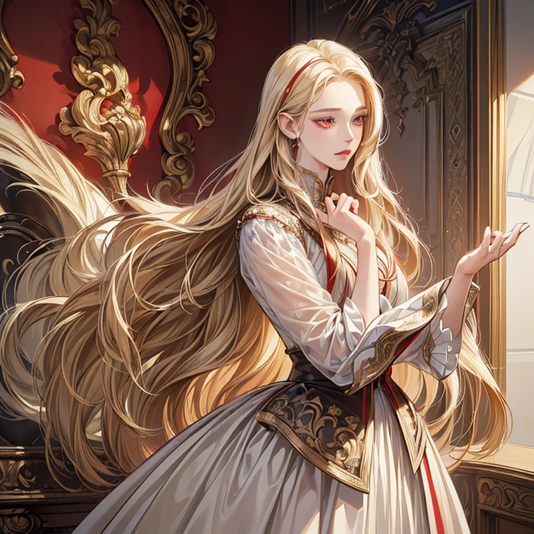 ((masterpiece:1.3)), ((realistic:1.3)), ((high quality:1.2)), ((very detailed art professional:1.1)), ((manhwa style:1.2)), solo, one girl, beautiful girl, 4K, 8K, dressing as a princess, ((red eyes:1.2)), ((light blond long hair:1.2)), ((detailed hand:1.0, detailed eyes:1.2)), she is a pretty noble character, ((villain looks:1.0)).
