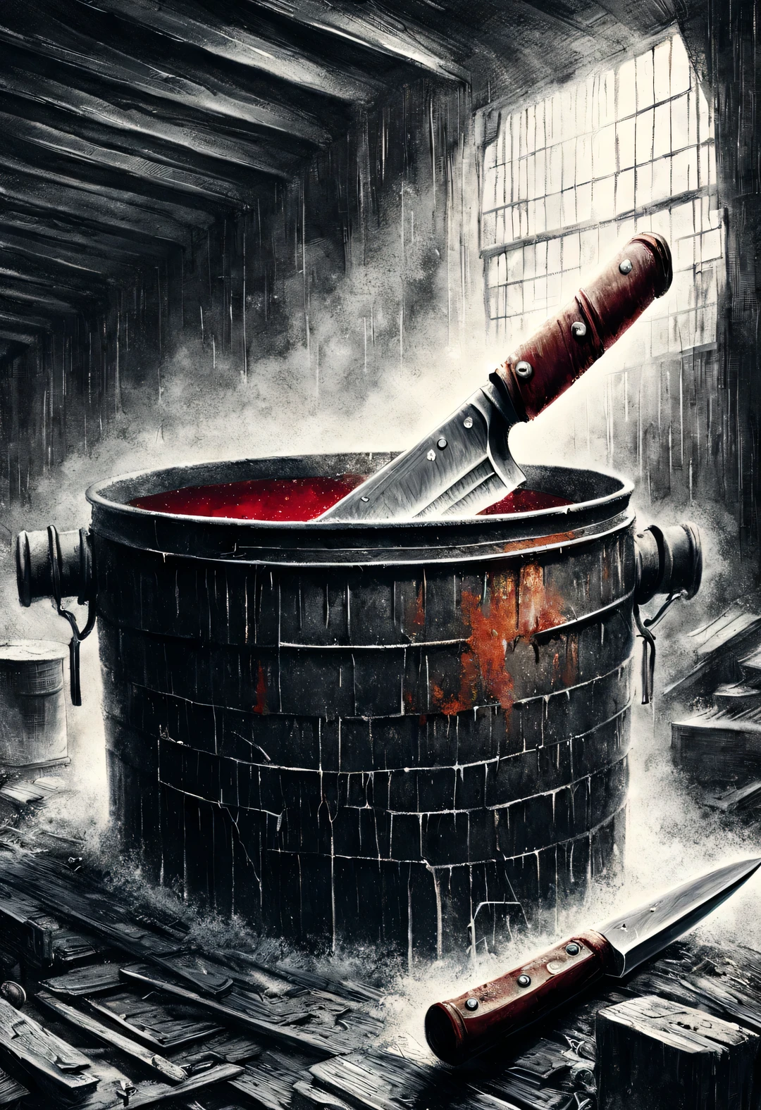 (Graphite painting), (A big old iron pot is boiling red water in the basement), (There is a huge knife stuck in the broken iron pot: 1.37), scary, (Industrial lights on the roof emit a dim, weak red light: 1.0), Extra Large Chef's Knife,
background: many, many旧酒瓶和玻璃杯在地下室飞扬, The walls are tattered, industrial style, retro shabby,
90's anime style, Bold silhouettes, Graphic arts, line art, black and white, line art with pen pressure, Pen pressure sketch, Calligraphy pen with pen pressure, G pen style,With pen pressure, Hand drawn thick lines, high contrast, IG model,
