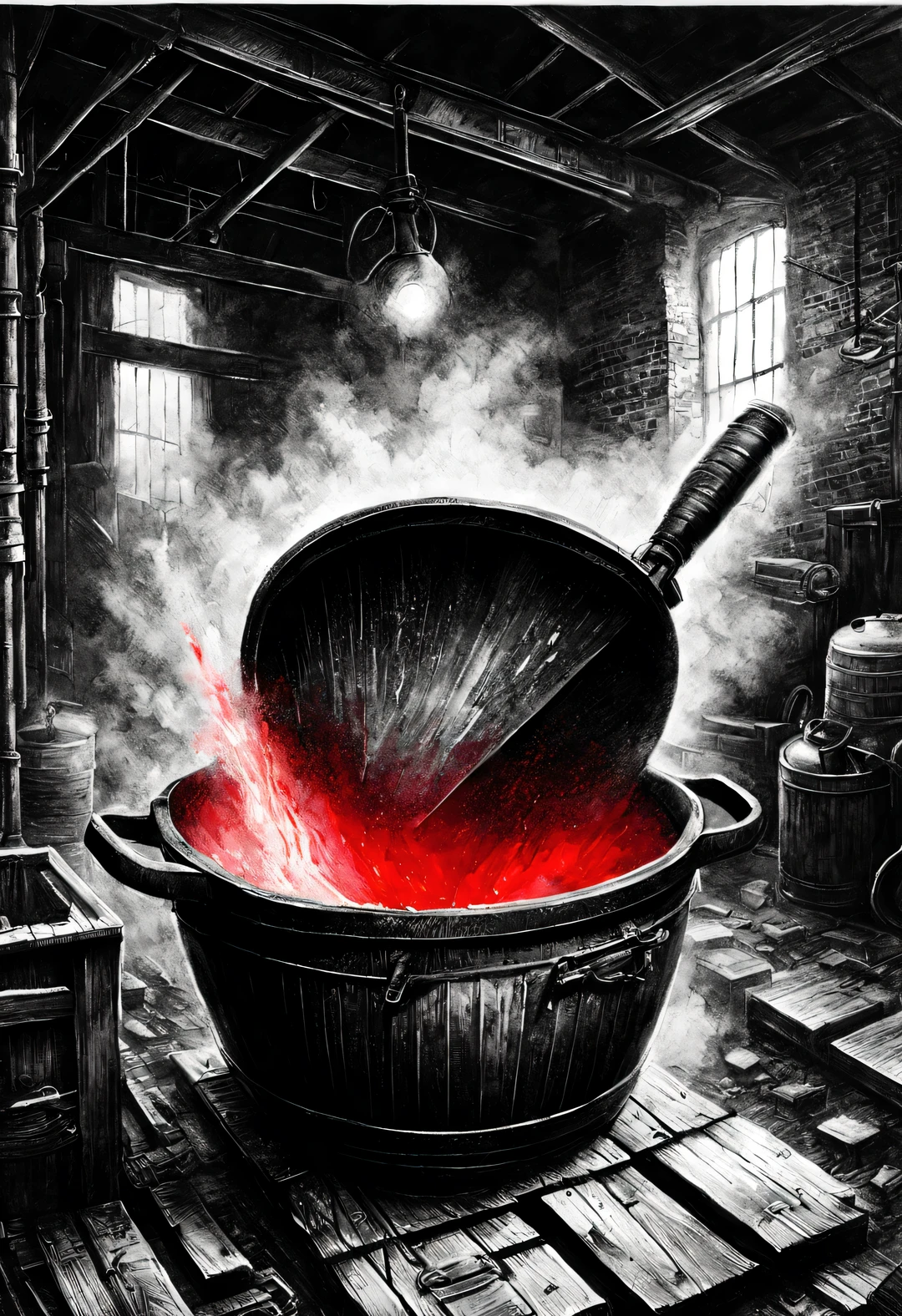 (Graphite painting), (A big old iron pot is boiling red water in the basement), (There is a huge knife stuck in the broken iron pot: 1.37), scary, (Industrial lights on the roof emit a dim, weak red light: 1.0), Extra Large Chef&#39;s Knife,
background: many, many旧酒瓶和玻璃杯在地下室飞扬, The walls are tattered, industrial style, retro shabby,
90's anime style, Bold silhouettes, Graphic arts, line art, black and white, line art with pen pressure, Pen pressure sketch, Calligraphy pen with pen pressure, G pen style，With pen pressure, Hand drawn thick lines, high contrast, IG model,