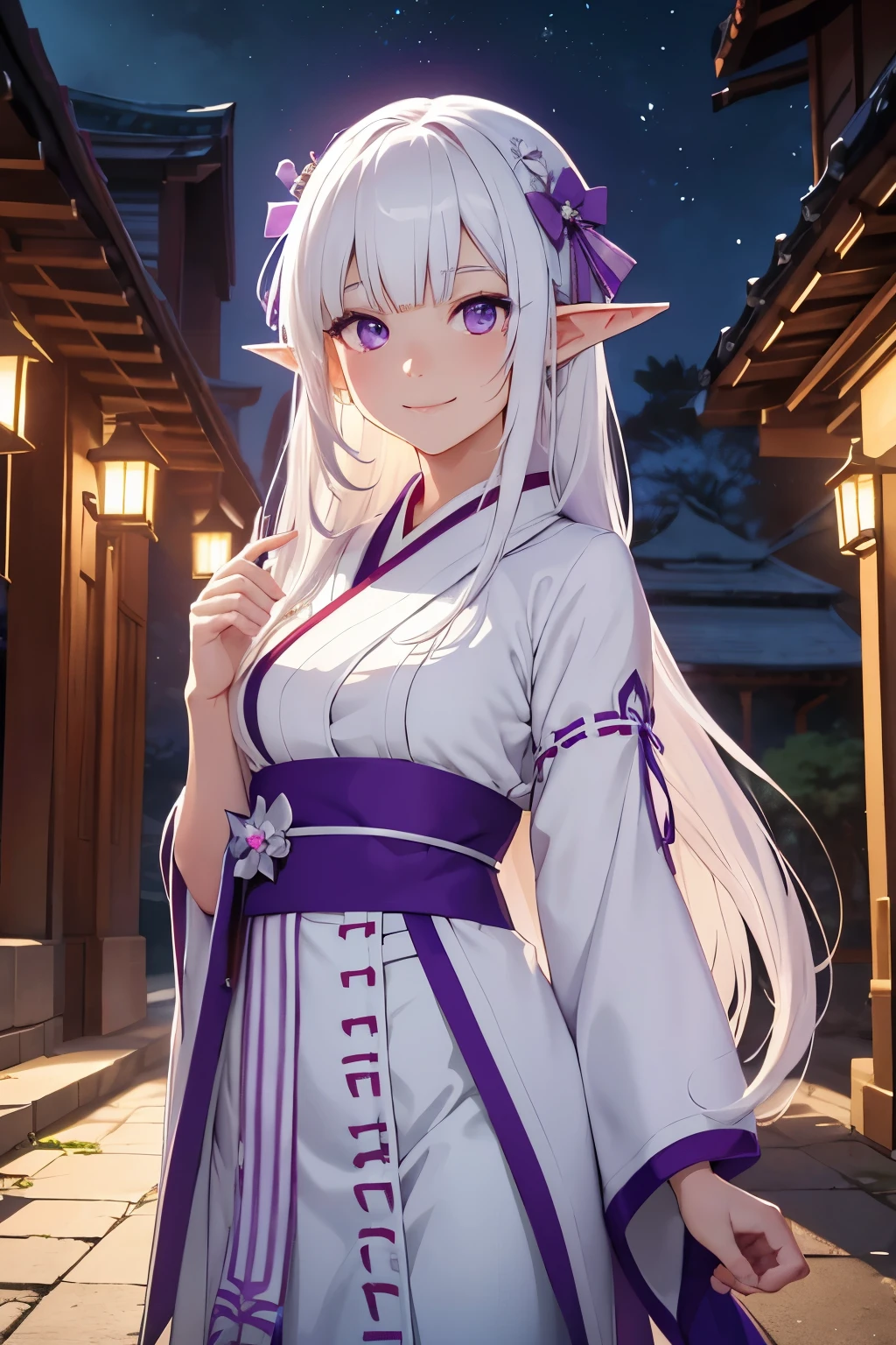 young elf girl, white hair, purple eyes, wearing a white and purple shrine maiden outfit, outside of a mansion, day, realistic lighting, masterpiece, high detail, detailed eyes, detailed face, smiling gently, genshin impact, looking into the distance,under the night sky