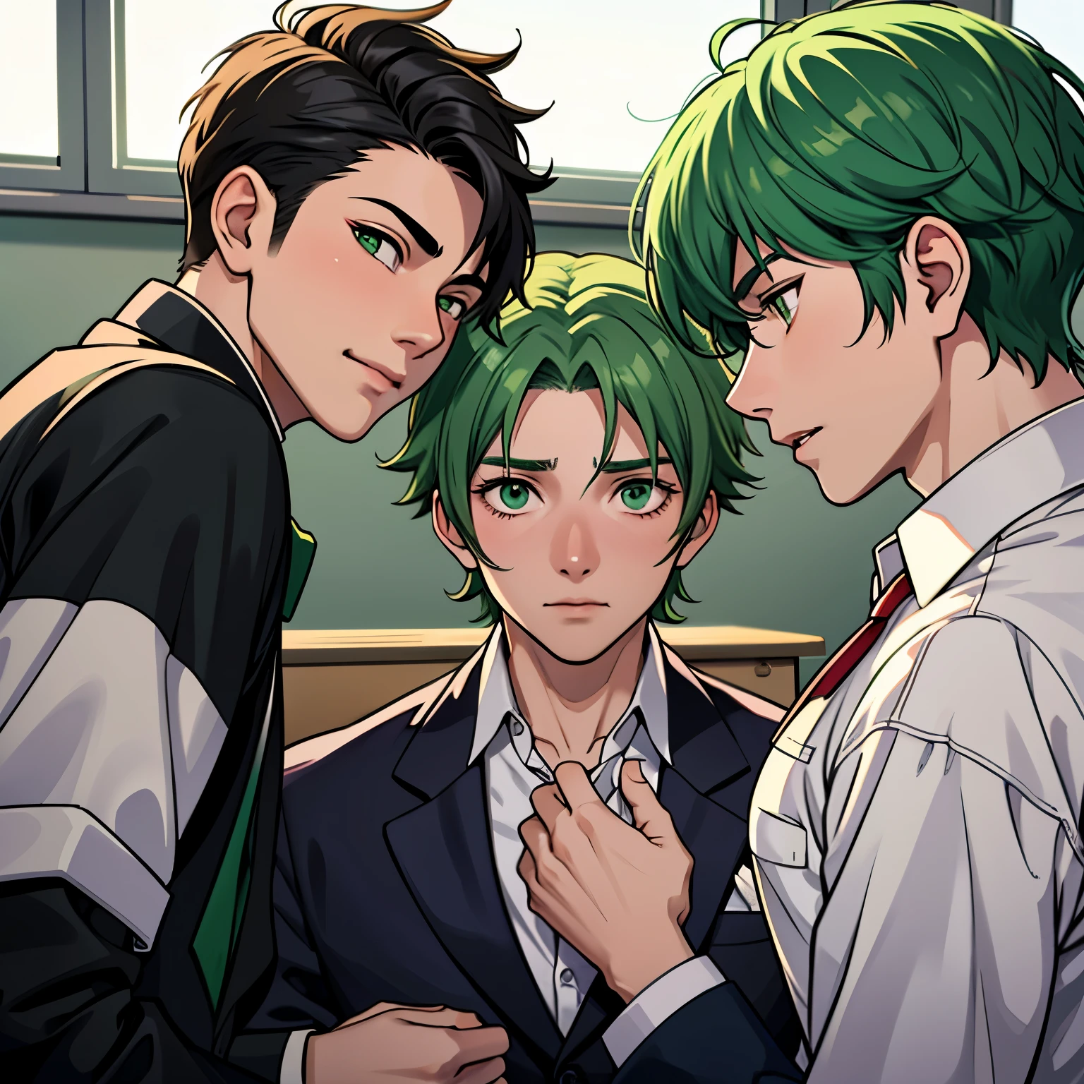 The 4 handsome boys at school are talking with concern about something important that will happen. They are anxious and worried. They are in the school classrooms. They are 14 and . They have green hair, green eyes.