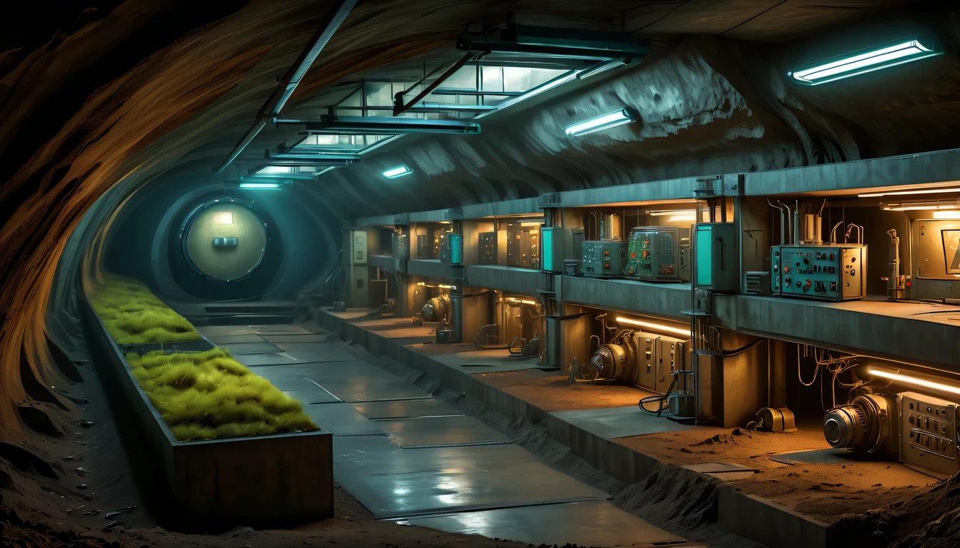 Underground bomb shelters,Hidden underground military research base,underground combat headquarters,High-tech electronic instruments,future military equipment,steampunk machine structure,(Sectional view of the Underground Science Institute:1.5),Underground science institute accessed via underground shaft,The ant nest structure consists of multiple tunnels and chambers,The main part includes the entrance to the underground shaft、underground central courtyard、Underground storage rooms and underground housing, ETC.,light lighting,sense of technology,futuristic,Science fiction,cyberpunk,Unreal Engine,fault art,mechanical aesthetics,neon lights,