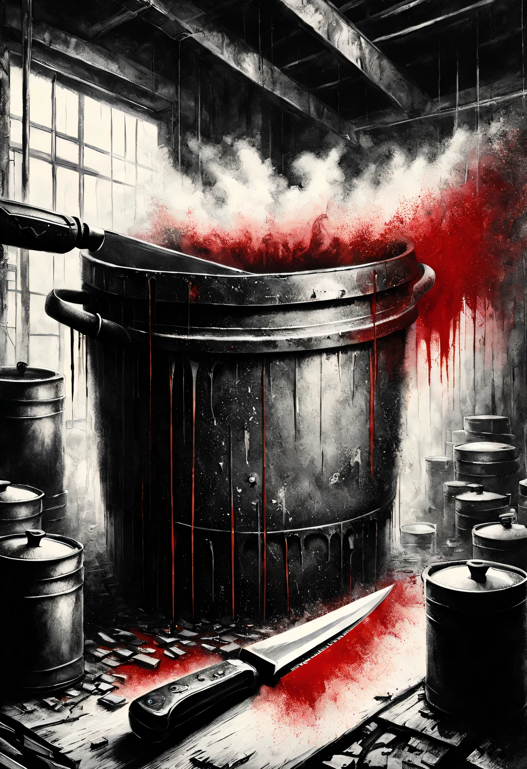 (Graphite painting), (A big old iron pot is boiling red water in the basement), (There is a huge knife stuck in the broken iron pot: 1.37), scary, (Industrial lights on the roof emit a dim, weak red light: 1.0), Extra Large Chef's Knife,
background: many, many旧酒瓶和玻璃杯在地下室飞扬, The walls are tattered, industrial style, retro shabby,
90's anime style, Bold silhouettes, Graphic arts, line art, black and white, line art with pen pressure, Pen pressure sketch, Calligraphy pen with pen pressure, G pen style,With pen pressure, Hand drawn thick lines, high contrast, IG model,