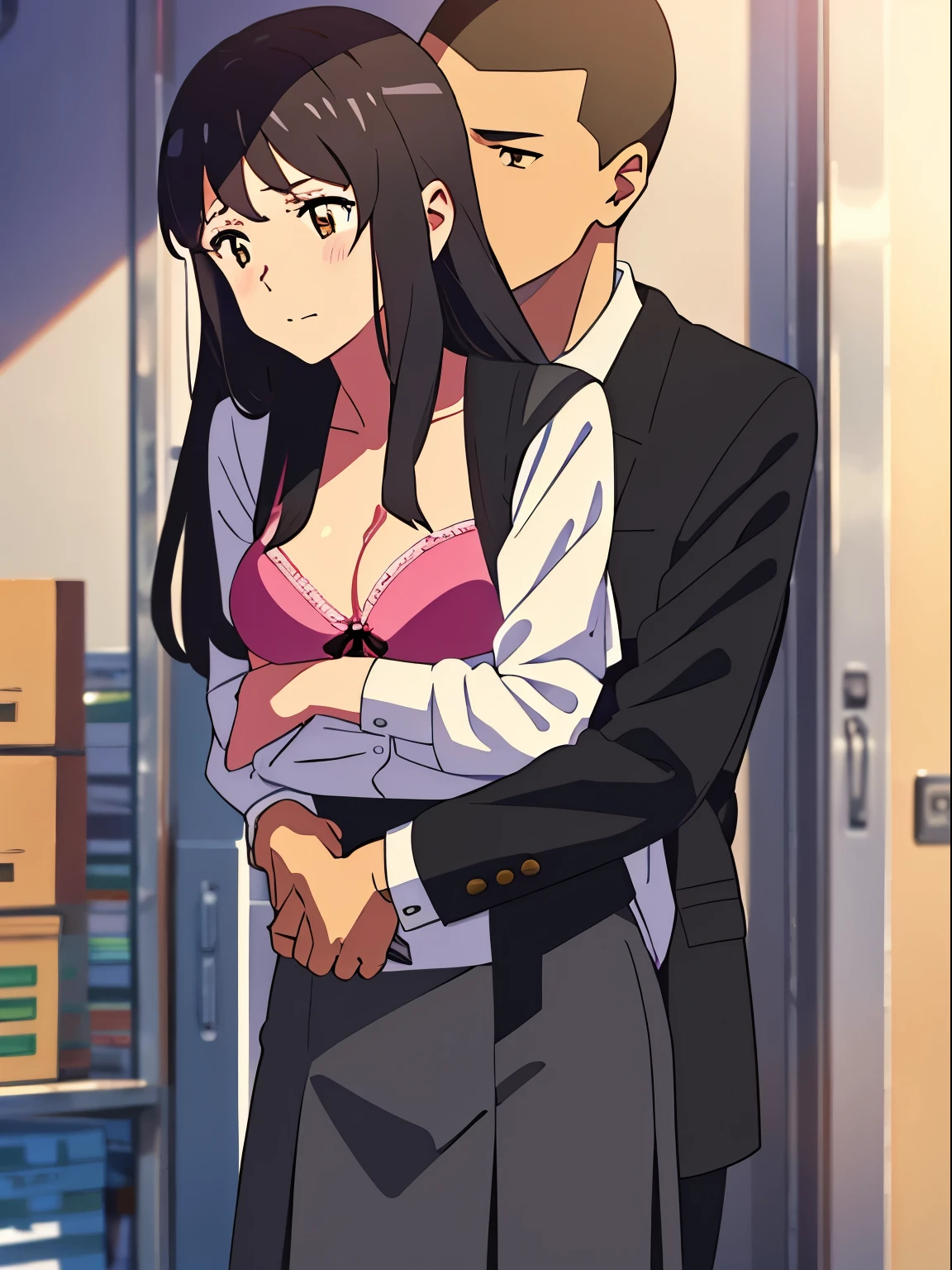 shinkai makoto, kimi no na wa., 1boy, buzzcut,office suit, boy caressing girl's body, kiss cheeks, passionate hug, boy is hugging from behind, breast groping from behind, 1girl, bangs, black hair, brown eyes, Twisted Half Up, red ribbon, long hair, yellow blouse, open shirt, unbuttoned shirt, pink bra, cleavage, breast, medium breast, long gray skirt, storage room, indoors, masterpiece, perfect anatomy, cowboyshot