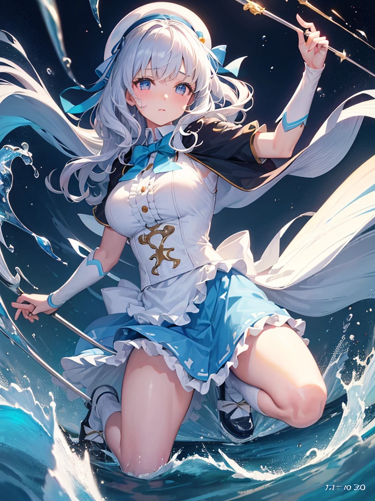 action pose,lean forward,{{squat}},hand onground,{{bend down}},battle scene, photo realistic, (masterpiece,best quality:1.4),(8k,raw photo,photo realistic:1.2),Not Safe for Work, detailed skin,detailed face,1girl,princess, cute face, super resolution,retro realistic　details Illustration,,{{{elaborate,intricately,fantastic,delicately,tremendous,meticulous,minute,incredibly,obsessed,artisan's,subtle,virtuoso,skillful,vibrant, vivid, complex}}}, clearly focus edge, fresh natural gradation, best quality, amazing quality, very aesthetic, absurdres, pubisure, (((Blue school uniform))), mini frilled skirt, (frilled panties), happy, (White beret,Comes with a blue bow), 
BREAK,　
(huge lance in hand:1.3), 
BREAK,　
medium bob, ((silver hair)), ((wavy hair)), shimmering eyes, Pink eyes, , 12 yo,(((cape))),((Blue the Bow)), Puffy Sleeves, Bangss, shortsleeves, ((Blue bow ribbon)),(White frilled apron), flat chest, beautiful hands, neck ribbon, wristband, arm garter, baby face, twinkle in the eye, braided bangs, ((frilled ankle socks)), (((high tops))), mary janes, ring, masterpiece, top-quality, not safe for work,
yumekawa,yumekawaii,pastel color,(wonderland:1.3),imagination, ((splashing)), ((ripples)), splashing water, (water-color),((Multicolored lights)), (((trading card))),