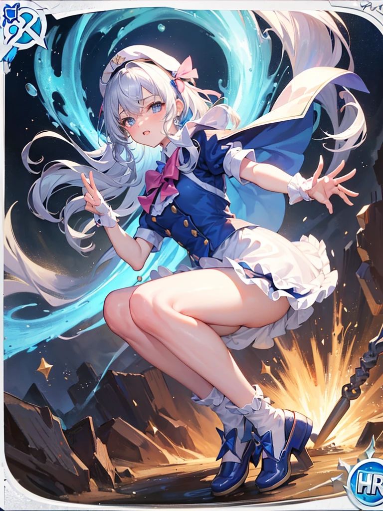 action pose,lean forward,{{squat}},hand onground,{{bend down}},battle scene, photo realistic, (masterpiece,best quality:1.4),(8k,raw photo,photo realistic:1.2),Not Safe for Work, detailed skin,detailed face,1girl,princess, cute face, super resolution,retro realistic details Illustration,,{{{elaborate,intricately,fantastic,delicately,tremendous,meticulous,minute,incredibly,obsessed,artisan's,subtle,virtuoso,skillful,vibrant, vivid, complex}}}, clearly focus edge, fresh natural gradation, best quality, amazing quality, very aesthetic, absurdres, pubisure, (((Blue school uniform))), mini frilled skirt, (frilled panties), happy, (White beret,Comes with a blue bow),
BREAK,
(huge lance in hand:1.3),
BREAK,
medium bob, ((silver hair)), ((wavy hair)), shimmering eyes, Pink eyes, , 12 yo,(((cape))),((Blue the Bow)), Puffy Sleeves, Bangss, shortsleeves, ((Blue bow ribbon)),(White frilled apron), flat chest, beautiful hands, neck ribbon, wristband, arm garter, , twinkle in the eye, braided bangs, ((frilled ankle socks)), (((high tops))), mary janes, ring, masterpiece, top-quality, not safe for work,
yumekawa,yumekawaii,pastel color,(wonderland:1.3),imagination, ((splashing)), ((ripples)), splashing water, (water-color),((Multicolored lights)), (((trading card))),