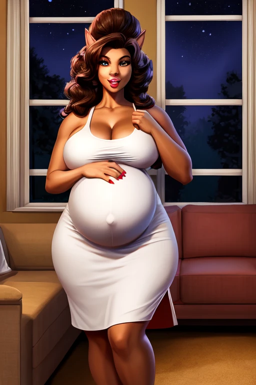 Werewolf, pregnant, big belly, big breasts, wide hips, big butt, brown fur, huge hairdo, stepford dress, living room, night time, window, living room